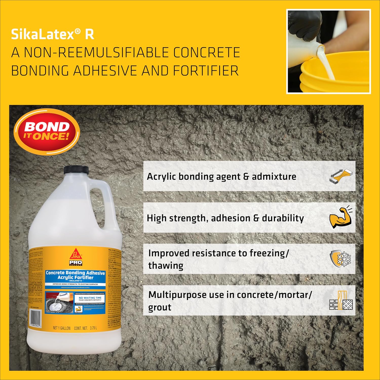 SIKA - SikaLatex R - Concrete Adhesive Glue, White - Admix for Portland-Cement Mortar/Concrete - Resistant to Freezing and thawing Damage - 1-Gallon (Pack of 1)