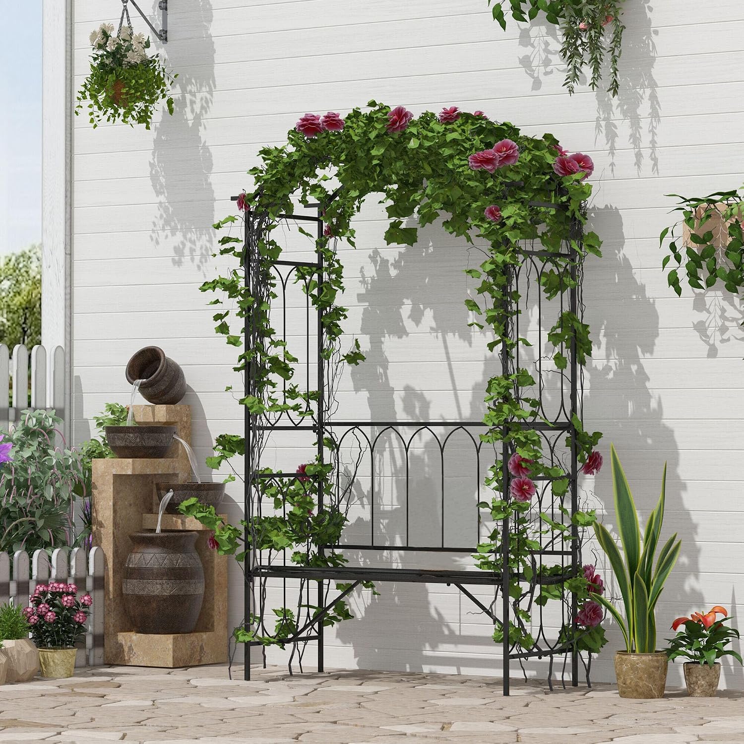 Outsunny Metal Trellis Arbor Arch with Garden Bench Steel 484 lbs. Black