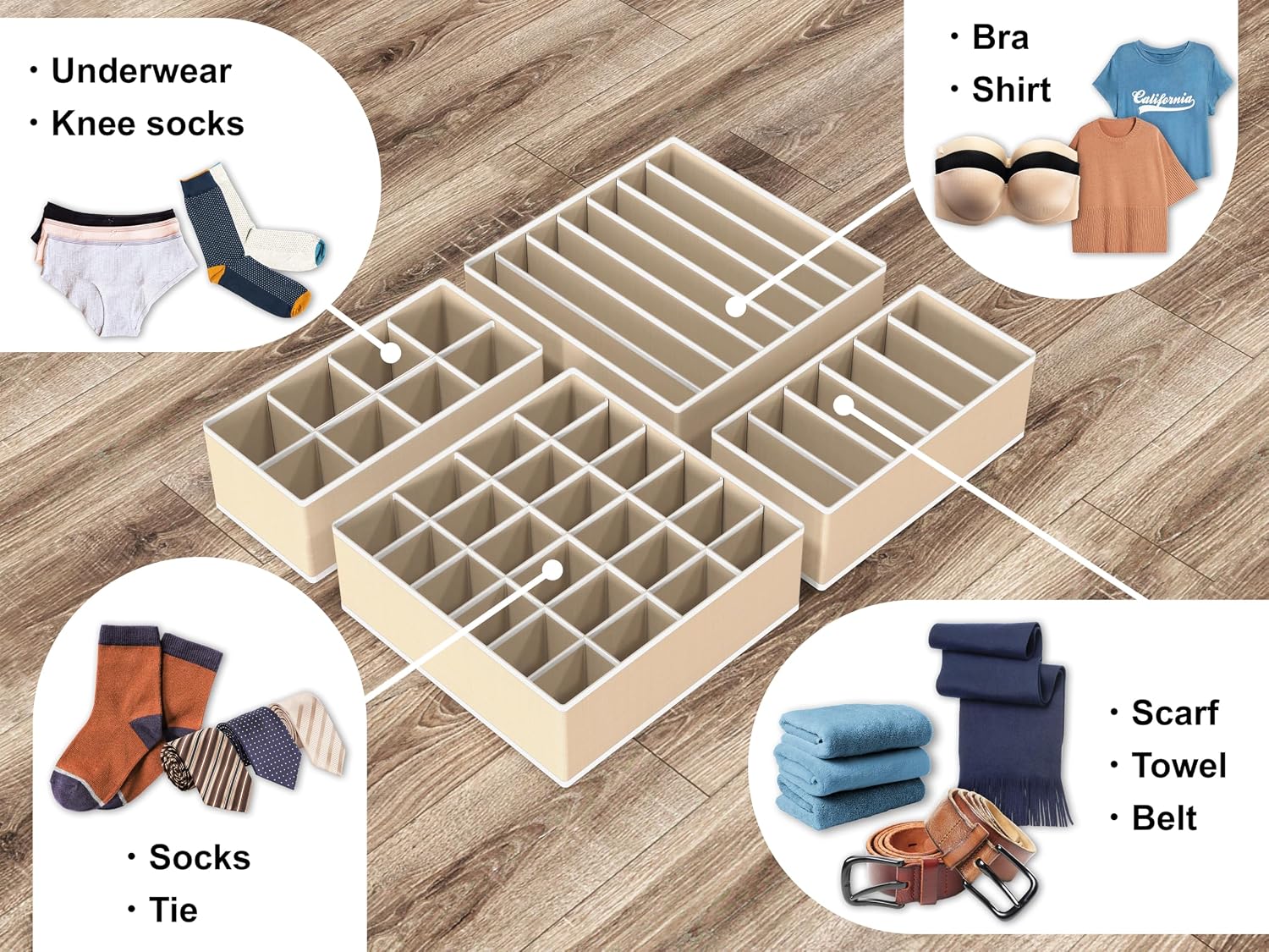 Simple Houseware 4-Pack Drawer Organizer Set for Underwear/Socks/Bra, Gray | Closet Dividers for Underwear, Socks, Bras, Scarves, Ties - Foldable Non-Woven Storage Boxes