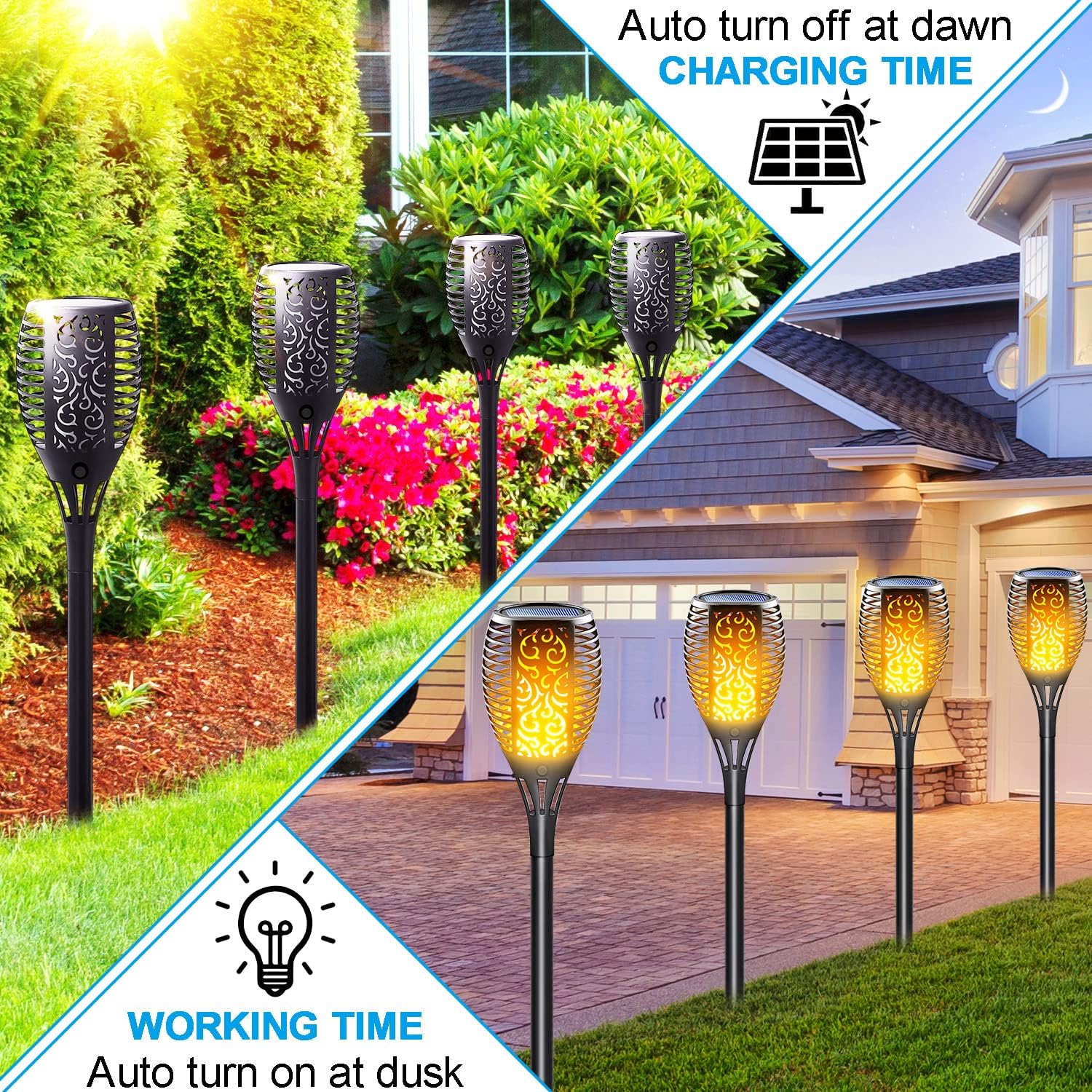 Large Size Solar Torch Light with Flickering Flame, 8 Pack | Fire Effect Garden Lights Outdoor, IP65 Waterproof Tiki Torches, Auto On/Off