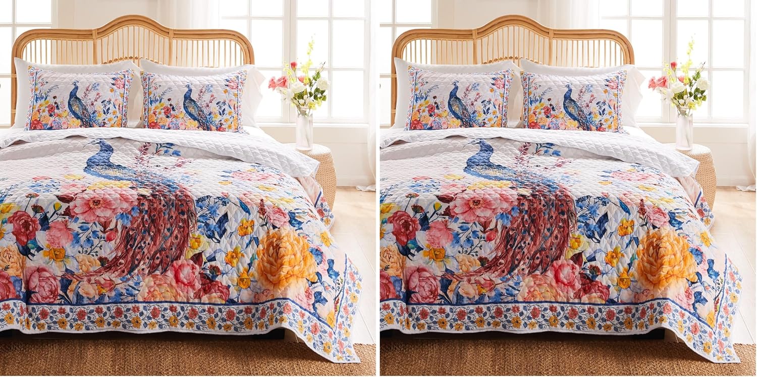 Greenland Home Fashions Ultra-Soft, Reversible, Brushed Microfiber Quilt Set, 3-Piece Full/Queen, Misty Bloom
