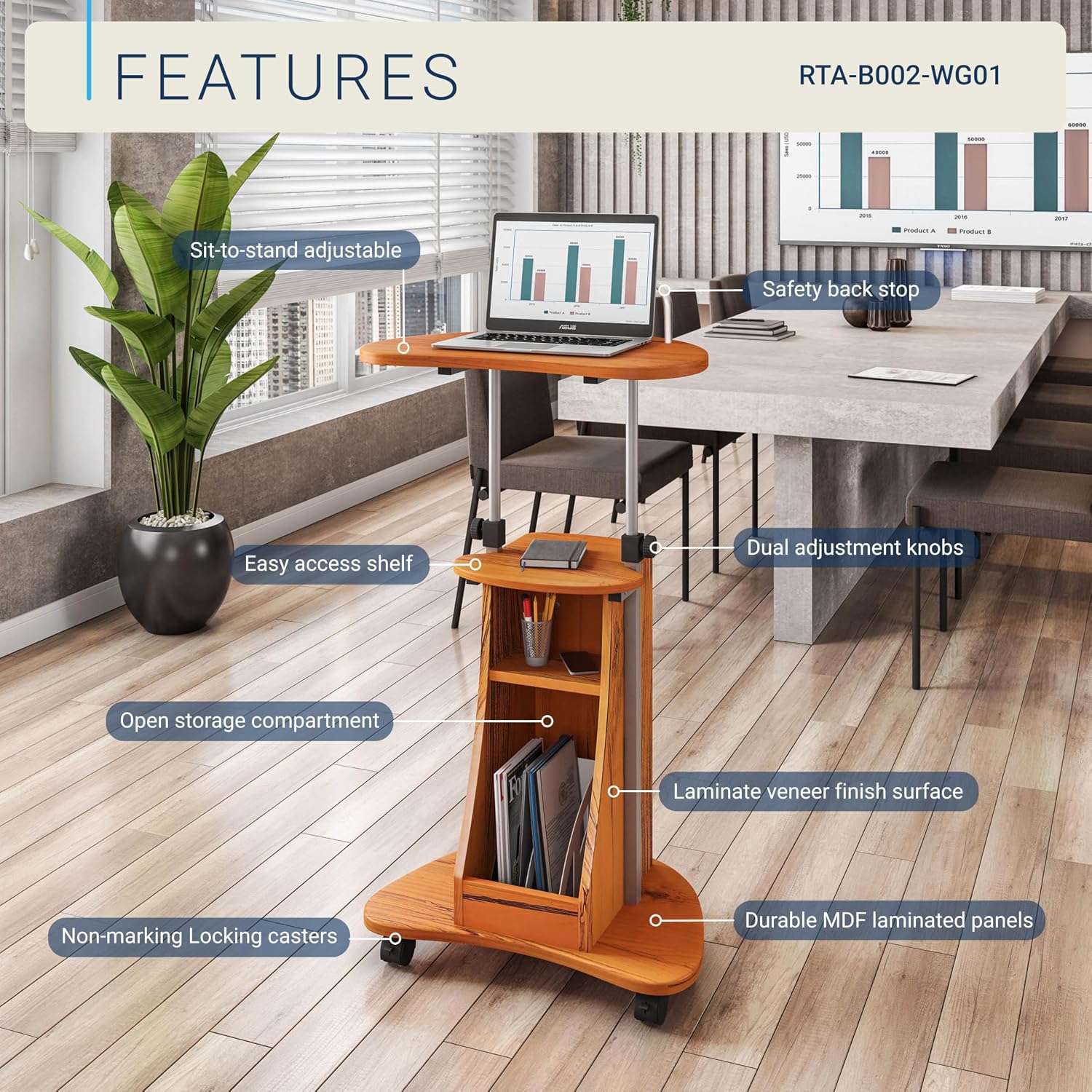 Techni Mobili Adjustable Height Rolling Laptop Cart with Storage, Graphite | Adjustable height rolling laptop cart with storage drawer, open shelf, wheels, sit‑stand design for office or medical use