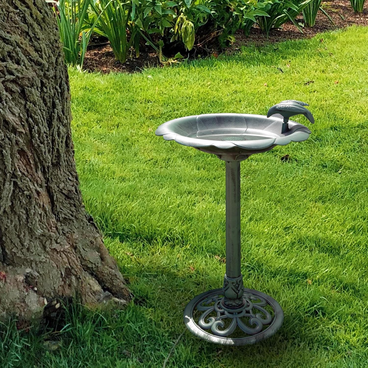Alpine Corporation TEC116 Outdoor Aged Green Pedestal Birdbath with Scrollwork, 28" Tall, Green