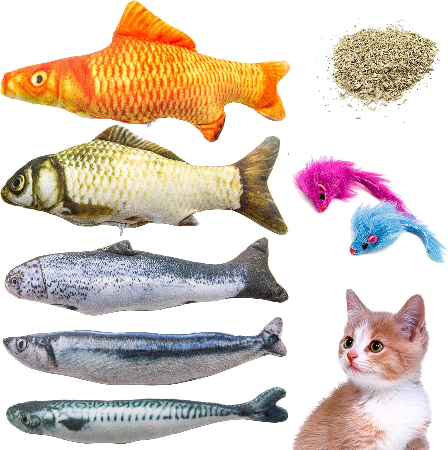 Youngever 7 Cat Toys Assortment with 5 Refillable Catnip Fish Cat Toys and 2 Catnip Fur Mouse Cat Toys, Extra Catnip for Refill, for Cat, Puppy, Kitty