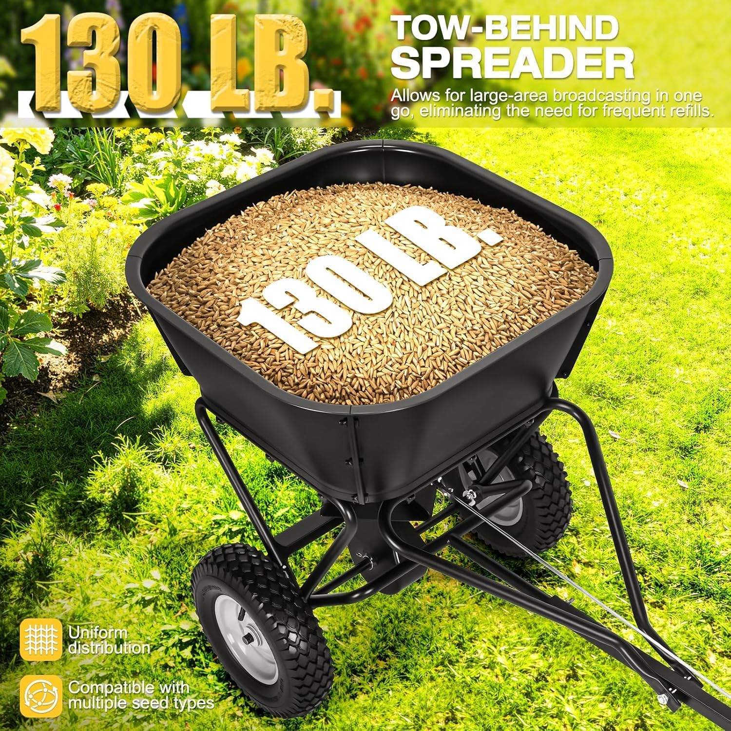 AugFir Tow Behind Broadcast Spreader, 130 LBS Capacity Lawn Fertilizer Spreader for Riding Mower, ATV, UTV & Tractor