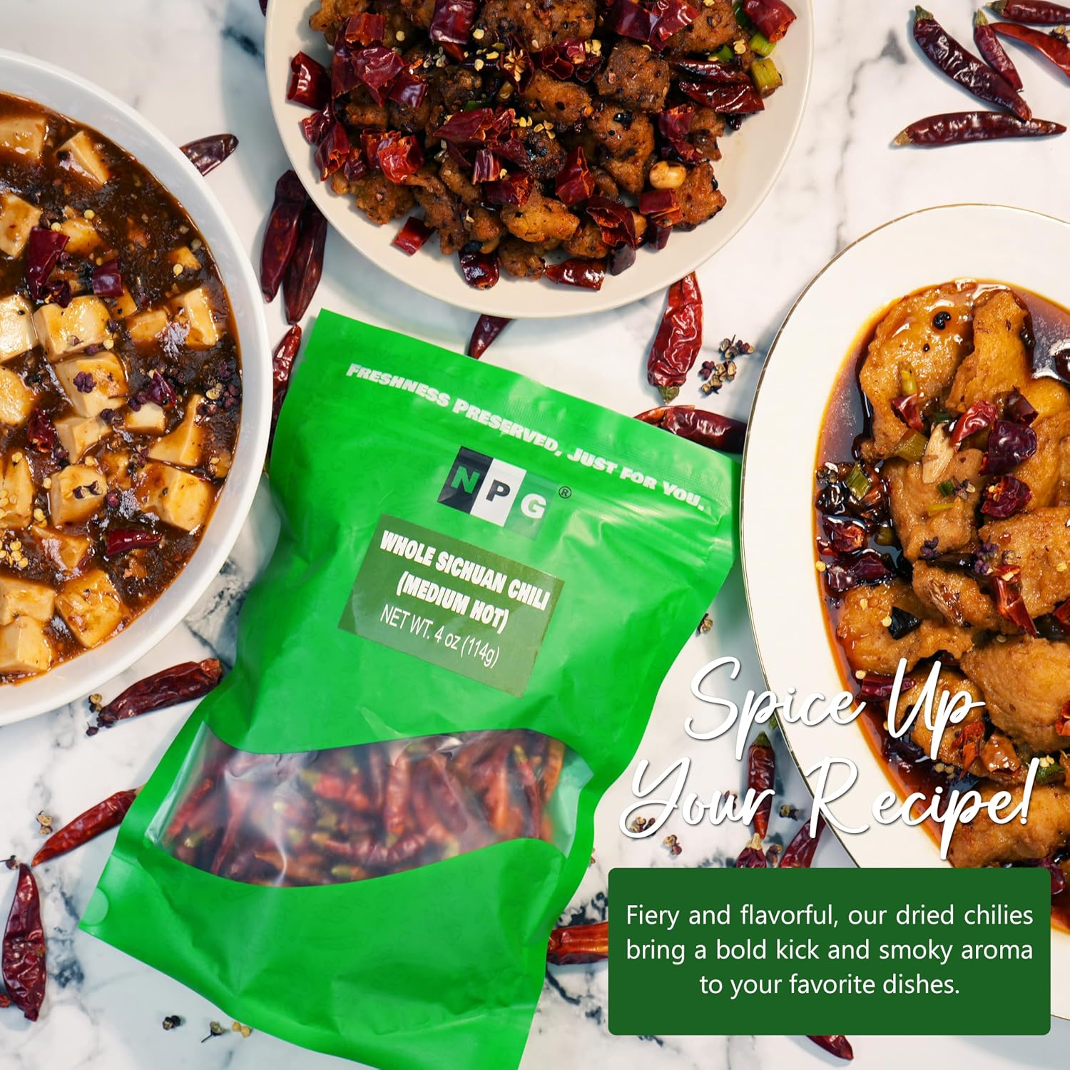 NPG Sichuan Dried Red Chili Peppers 4 Oz, Mild Hot, Whole Chili Peppers
