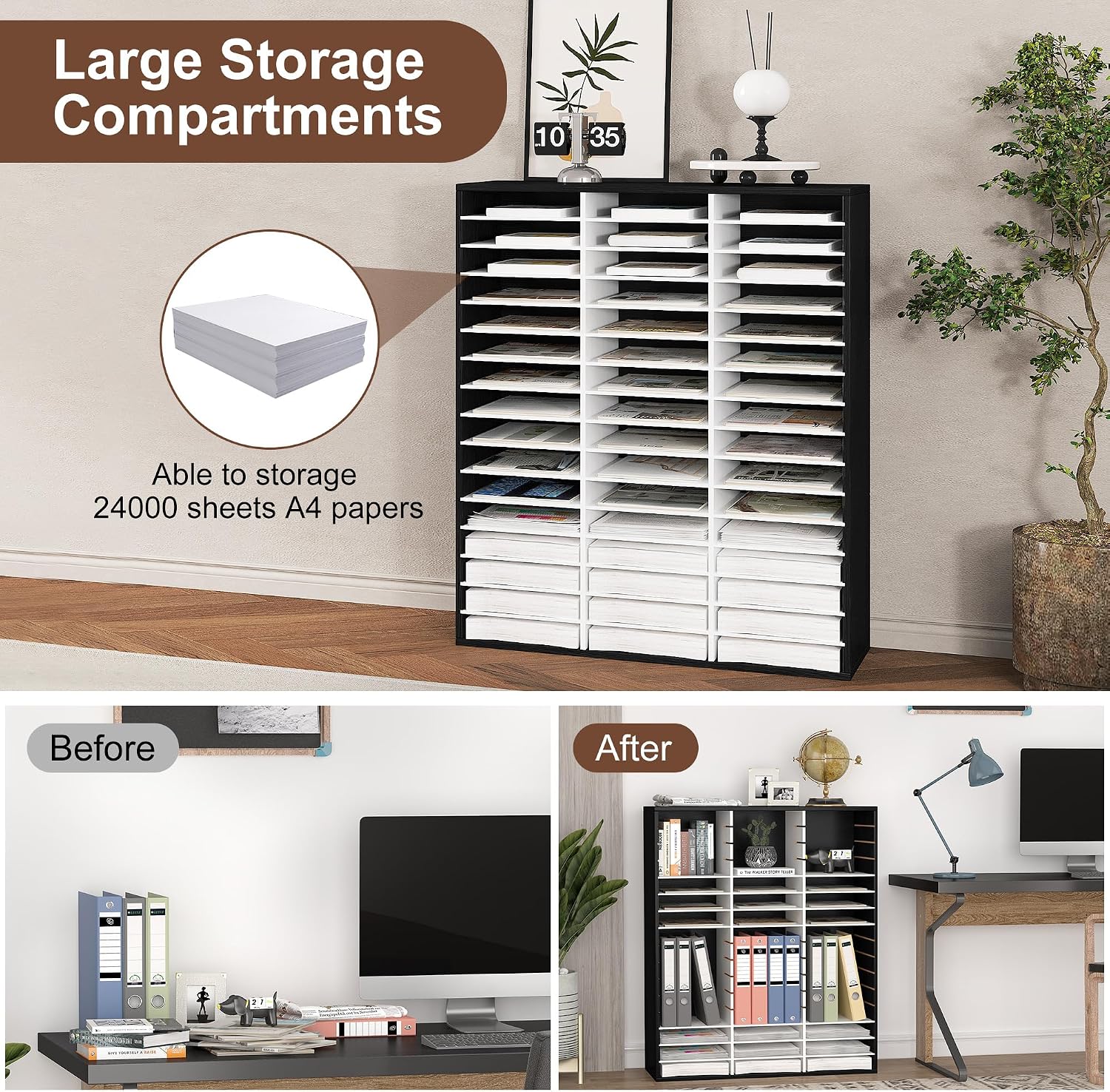 EasyPAG 12 Compartments Wooden Literature Organizer with Adjustable Shelves, 6000 Sheets Capacity Paper Organizer