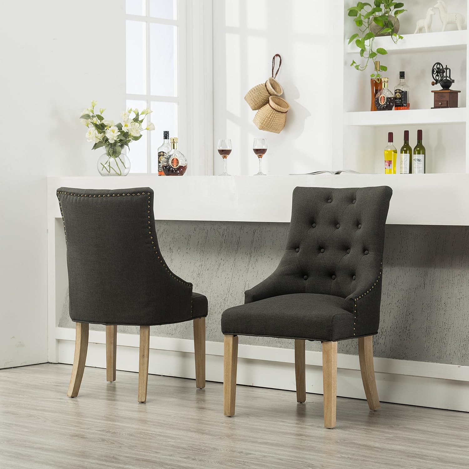 Roundhill Furniture Button Tufted Solid Wood Wingback Hostess Chairs with Nail Heads, Set of 2, Tan, White, "Tan, 24D x 22W x 39H in