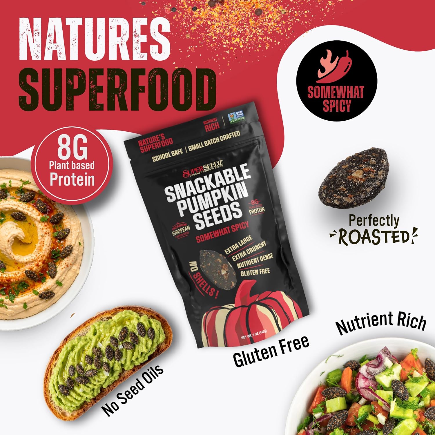 SuperSeedz Dry Roasted Pumpkin Seeds with Sea Salt w/8g Protein (5oz Bag) | Nn-GMO, Gluten-Free, Keto Snacks – Nut-Free & School Friendly Organic Pumpkin Seeds – Large European No Shell Pepitas