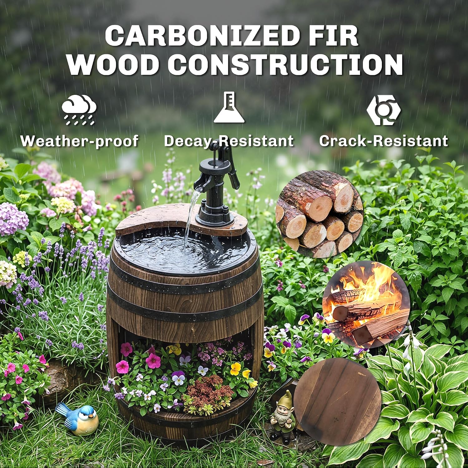 Outsunny 23" H Outdoor Water Fountain Wood and Plastic Rustic Apple Barrel | Pump, Garden Decor, Outside Backyard