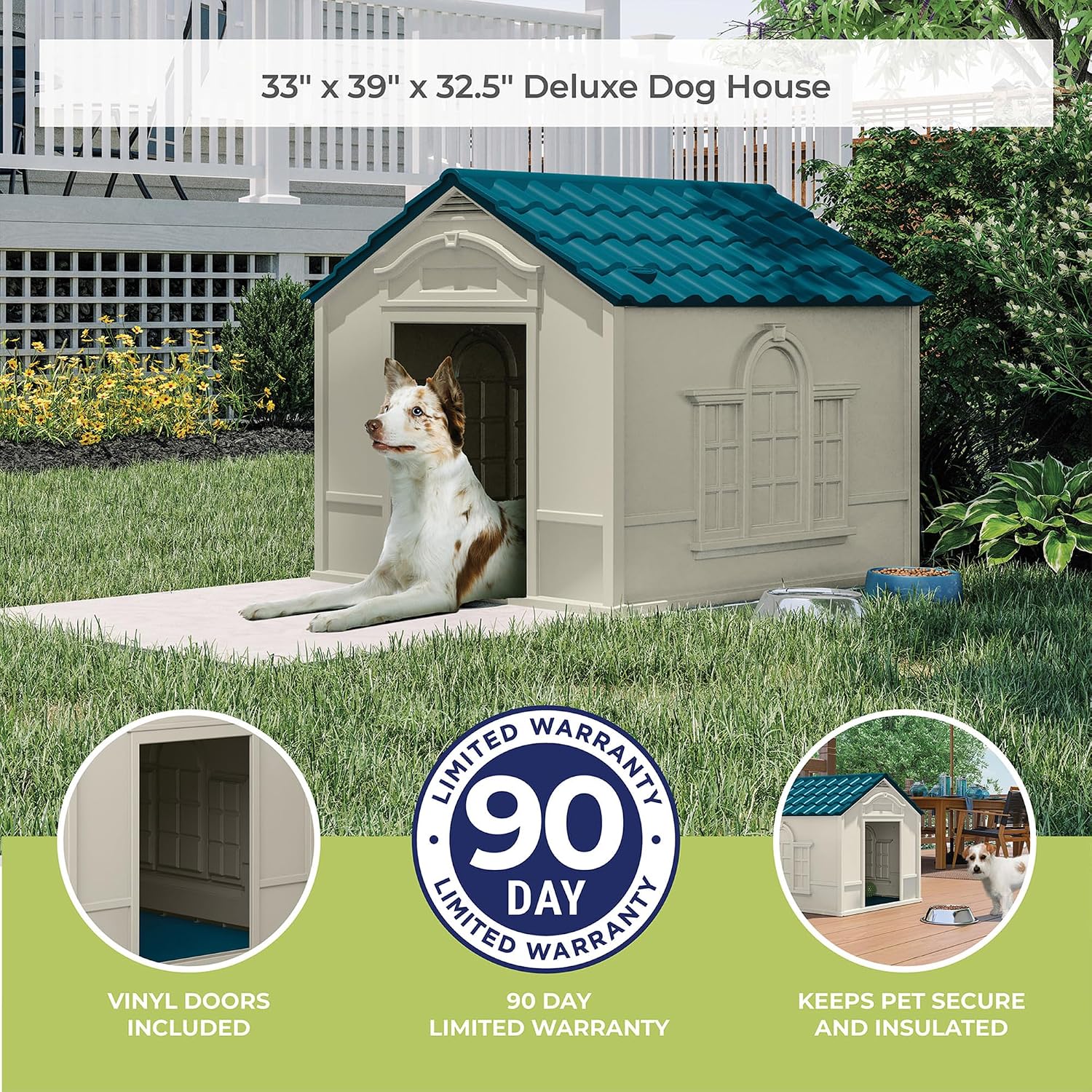 Suncast Outdoor Dog House with Door - Water Resistant and Attractive for Small to Large Sized Dogs - Easy to Assemble - Perfect for Backyards