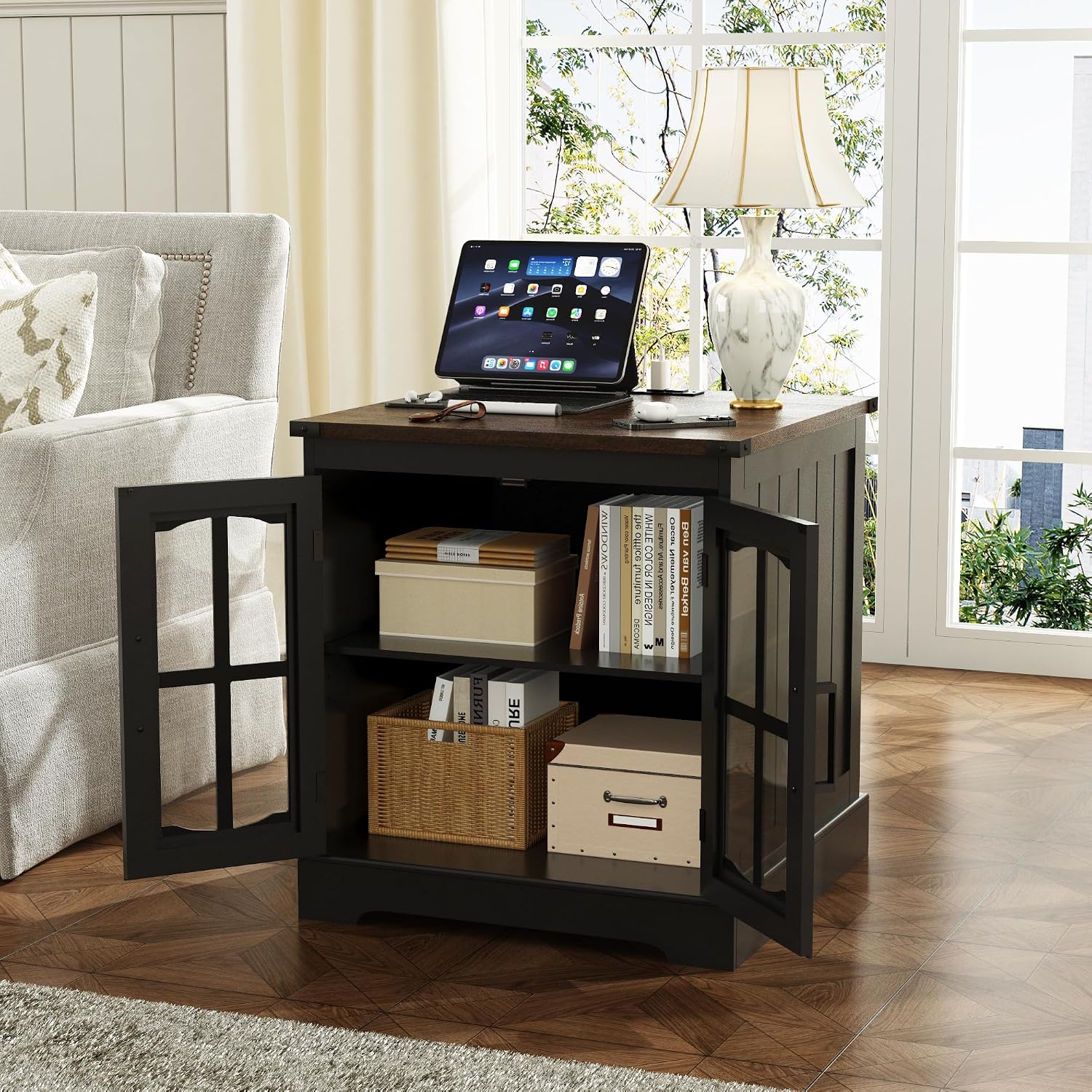 ChooChoo Farmhouse End Table with Charging Station & LED Light | Large Sofa Side Table, Rustic Square Nightstand, Glass Barn Door, Bedside Table, Storage, Living Room, Black
