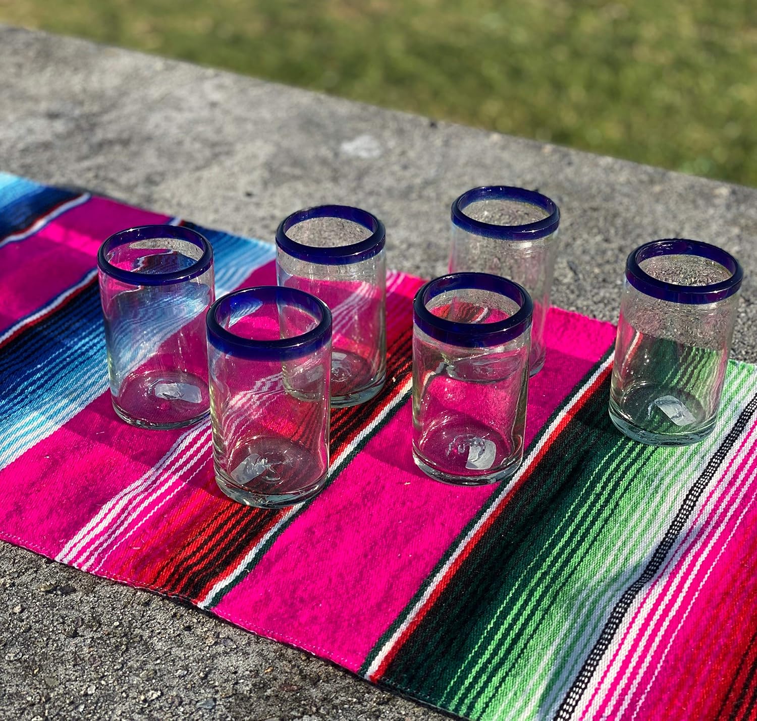 Hand Blown Mexican Drinking Glasses - Set of 6 Juice Glasses with Cobalt Blue Rims (8 oz each)