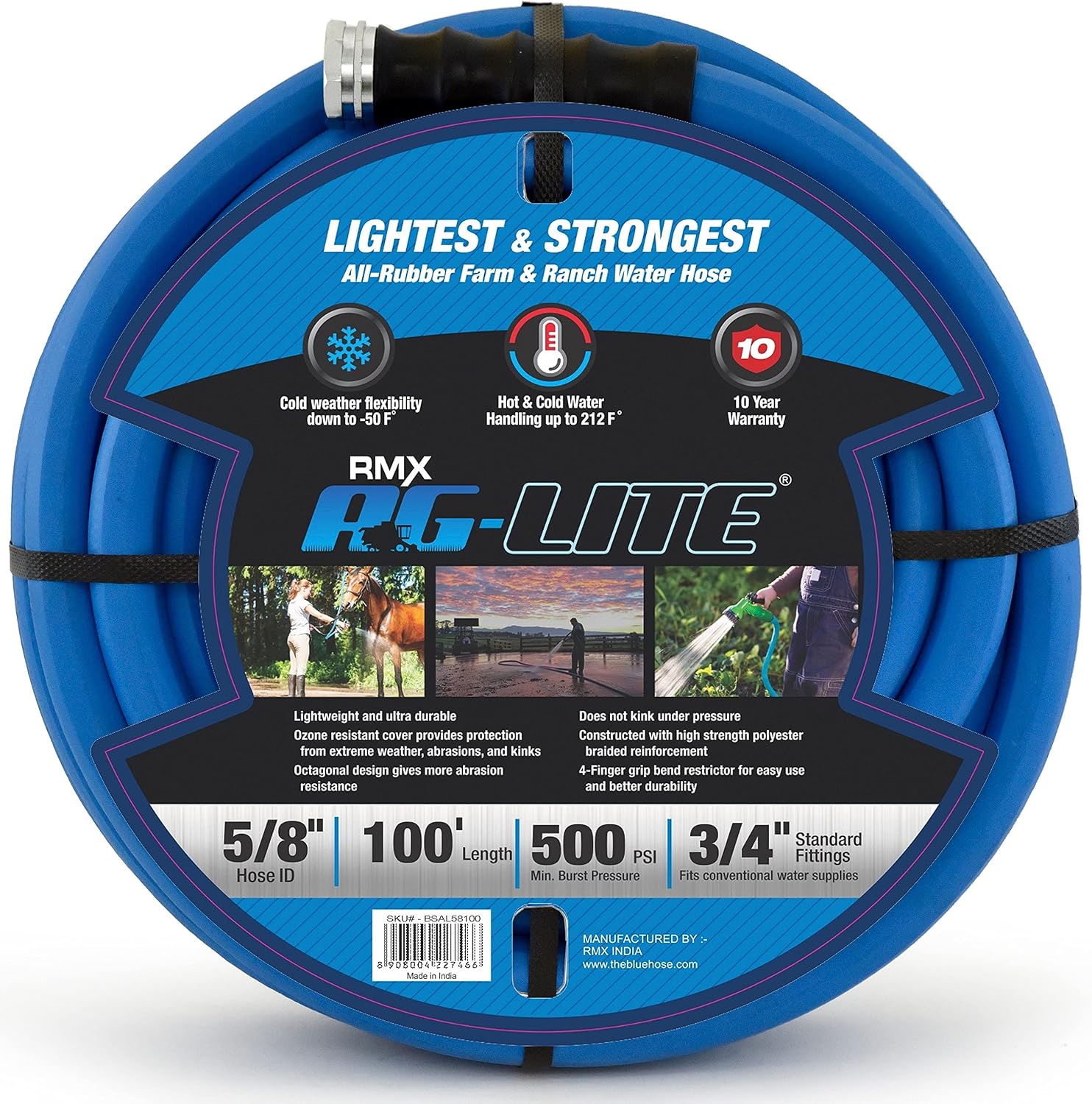 AG-LITE BSAL5825 5/8" x 25' Hot/Cold Water Rubber Garden Hose, 100% Rubber, Ultra-Light, Super Strong, 500 PSI, 50F to 190F Degrees, High Strength Polyester Braided