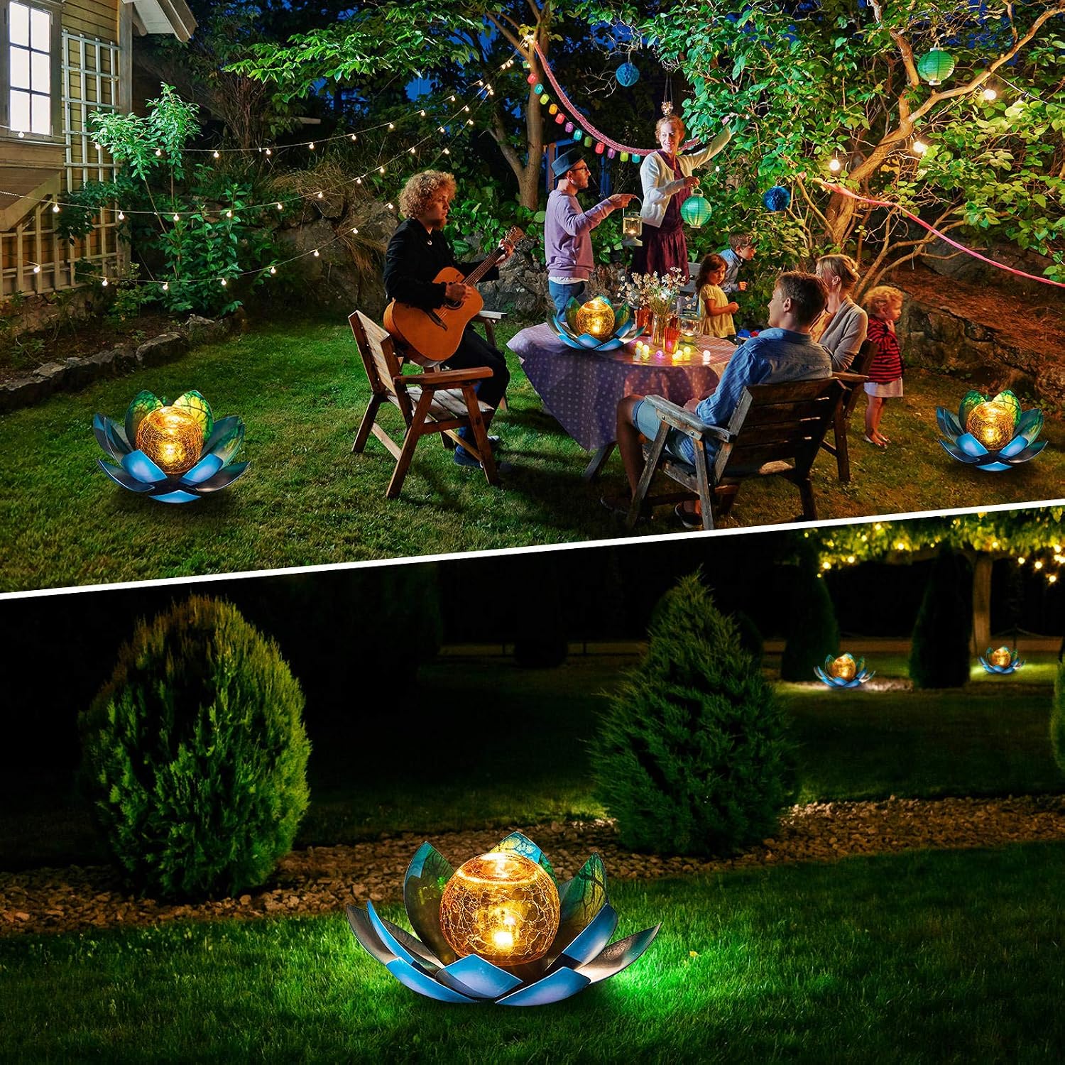 Huaxu Solar Lights Outdoor Garden, Crackle Globe Glass Lotus Decor, Waterproof LED Metal Flower Decorations for Patio,Lawn,Walkway,Tabletop,Ground