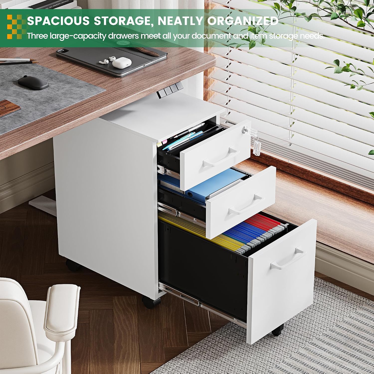 3 Drawer File Cabinet with Lock,Mobile Lateral Filing Cabinet with Side Hook for Letters/Legal/A4, Metal Printer Stand Storage Cabinets with Shelves for Home Office(Black)