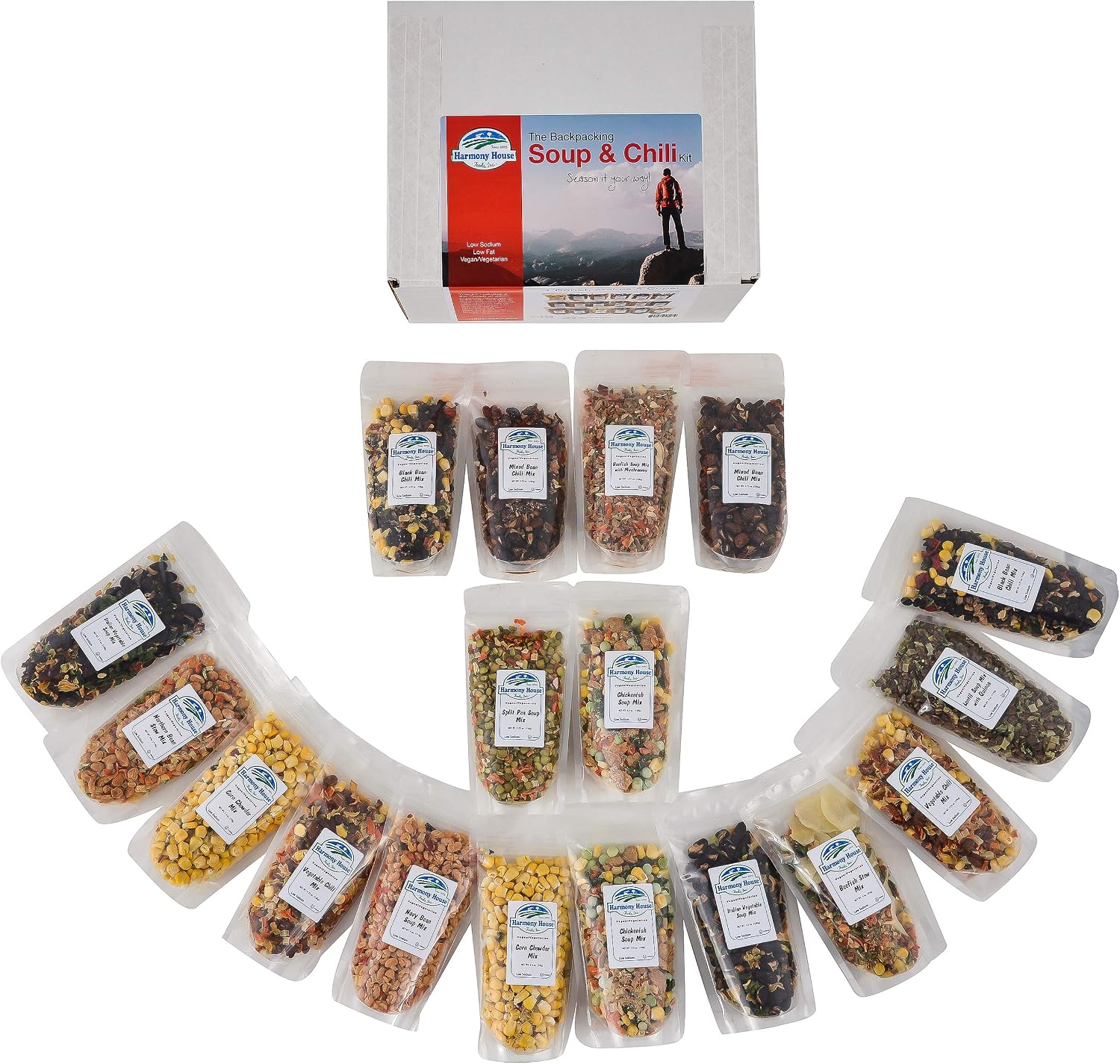 Harmony House Backpacking Soup and Chili Kit (Unseasoned) – 18 Count Variety Pack, Resealable Zip Pouches, For Cooking, Camping