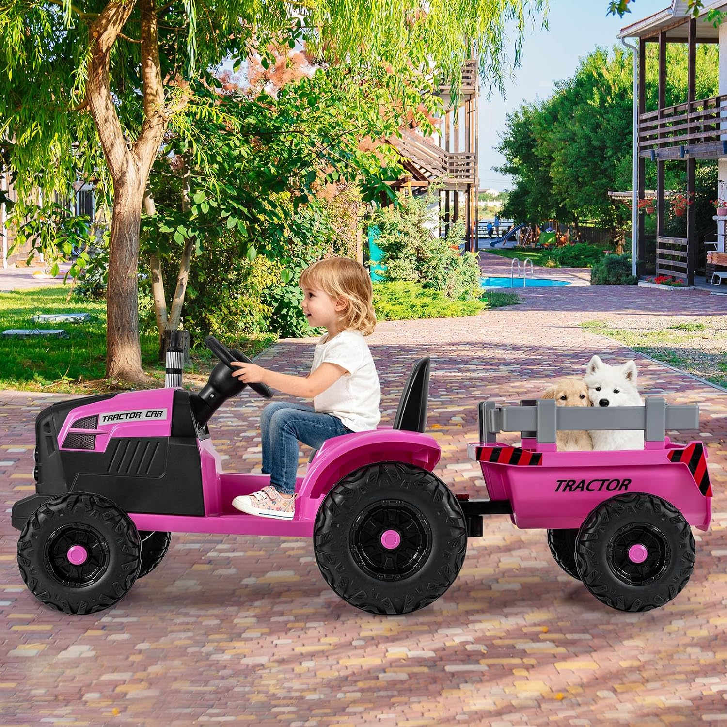 Costzon Ride on Tractor with Detachable Trailer, Kids' Electric Vehicles w/3-Gear-Shift Ground Loader, Wireless Design & USB, 7 LED Headlights