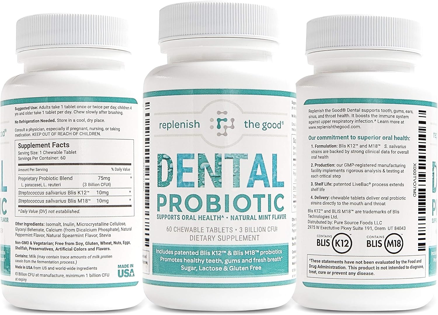 Dental Oral Probiotic, 60 Chewable Tablets - Supplements w/BLIS K12 & M18 - Bad Breath Treatment for Adults - Boosts Oral Health - Fights Halitosis, Tooth Decay, Strep Throat (Mint Flavor)
