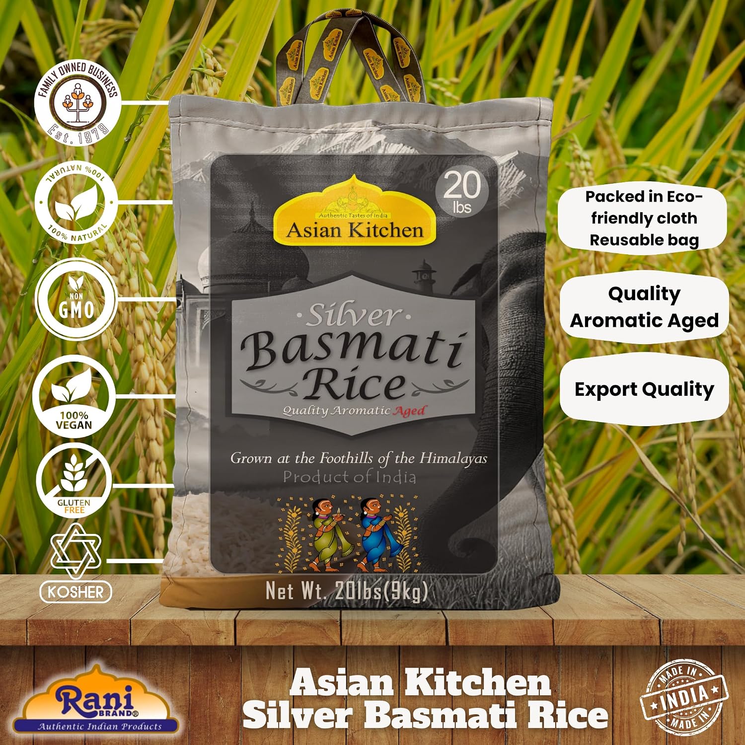 Asian Kitchen Platinum White Basmati Rice Extra Long Aged 20lbs (9.08kg) ~ All Natural | Gluten Friendly | Vegan | Indian Origin | Export Quality