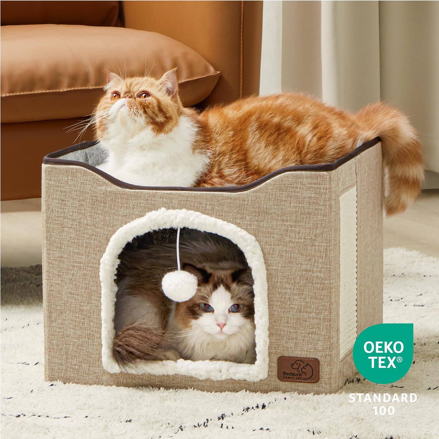 Bedsure Cat House Bed for Indoor Cats with Fluffy Ball and Scratch Pad,Grey