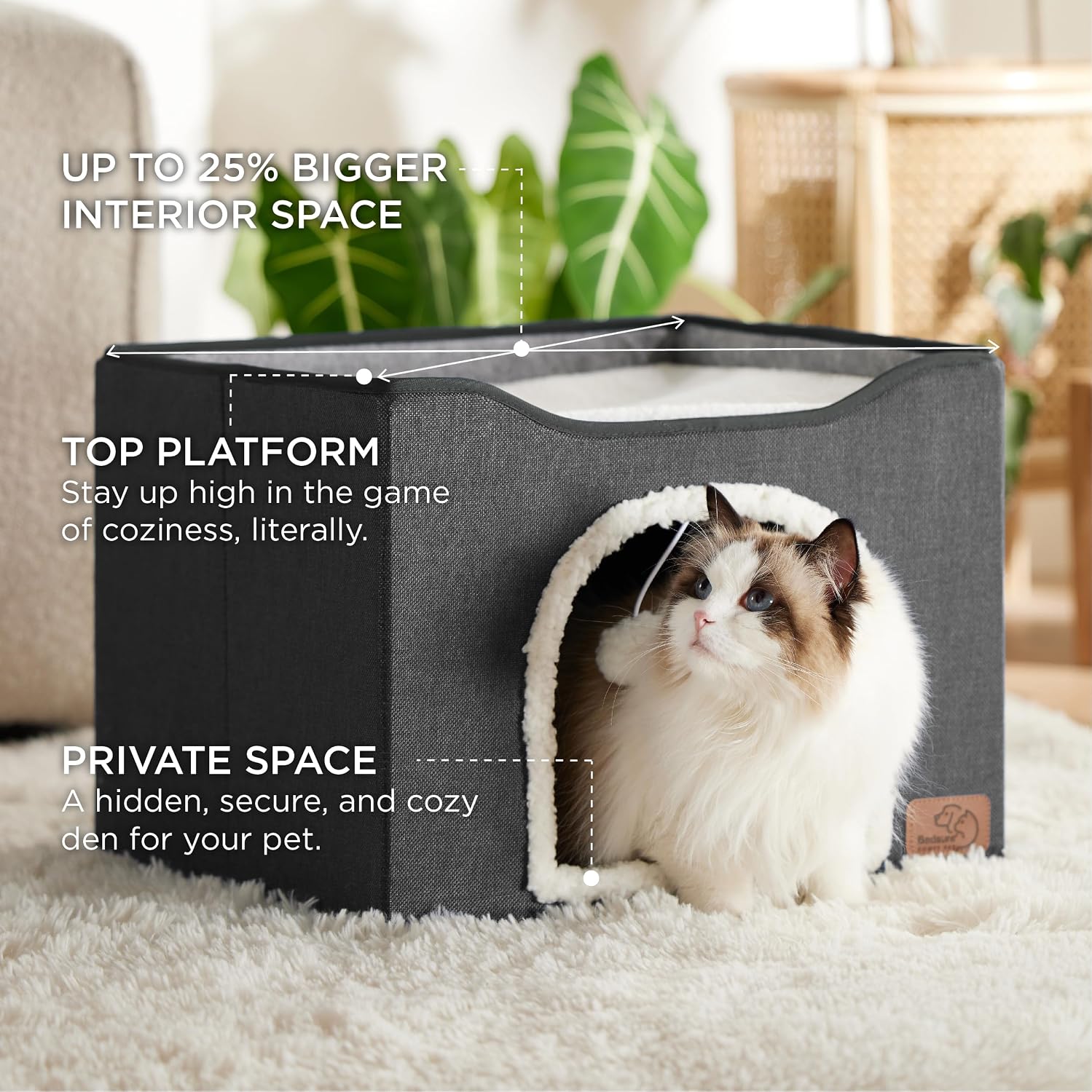 Bedsure Cat House Bed for Indoor Cats with Fluffy Ball and Scratch Pad,Grey