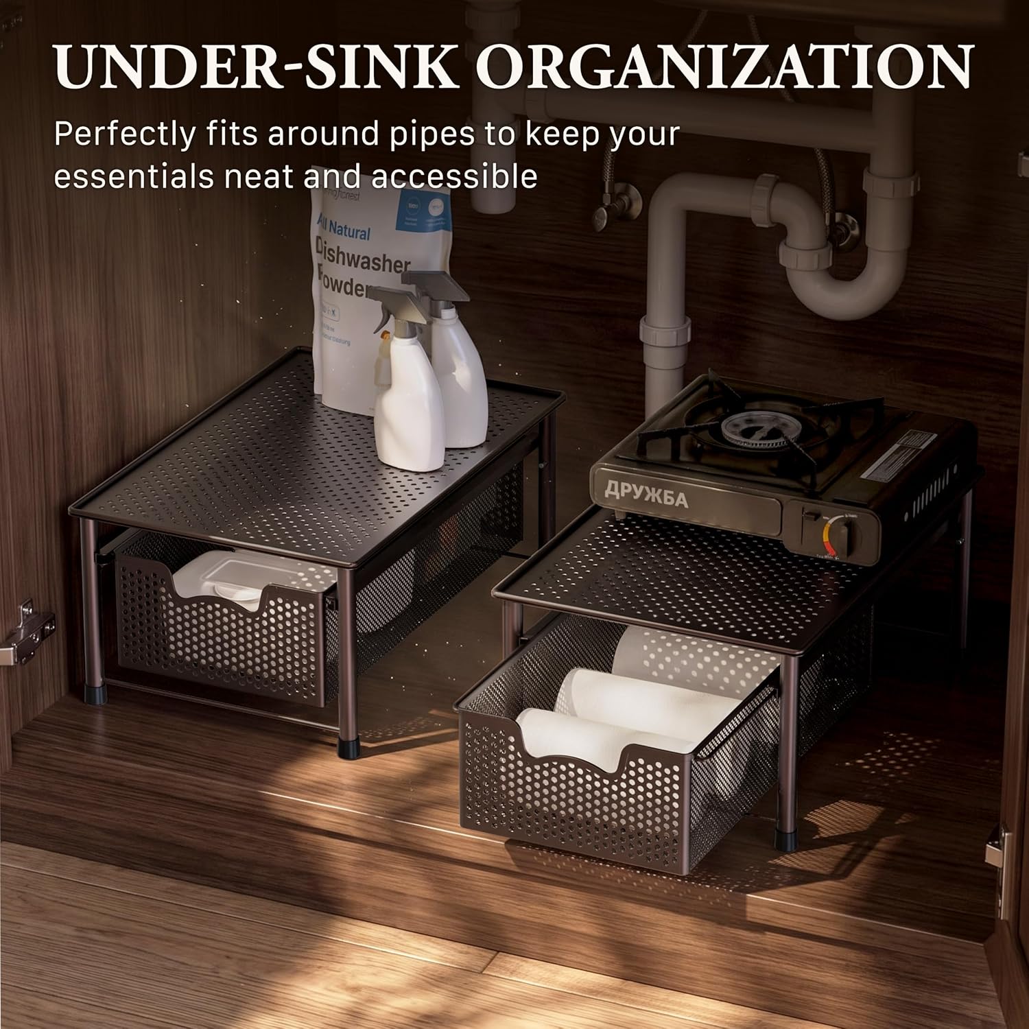 Simple Houseware Stackable 3 Tier Sliding Basket Organizer Drawer, Silver
