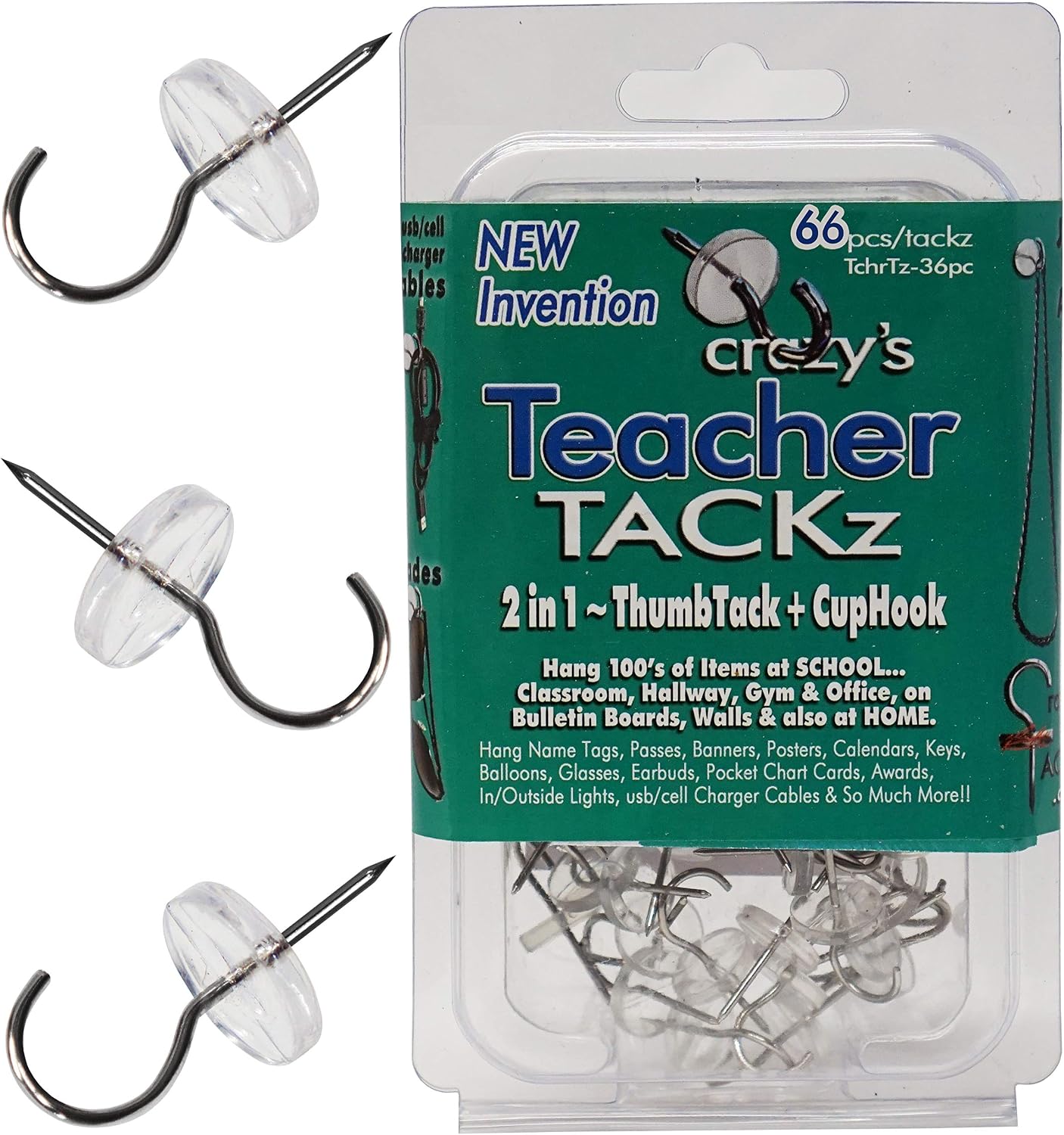 Teacher TACKz 2-in-1 Tack with a Hook - 66pc Push Pin Thumb Tack with Hook | School Supplies for Teachers Classrooms, Banners, Signs, Word Walls
