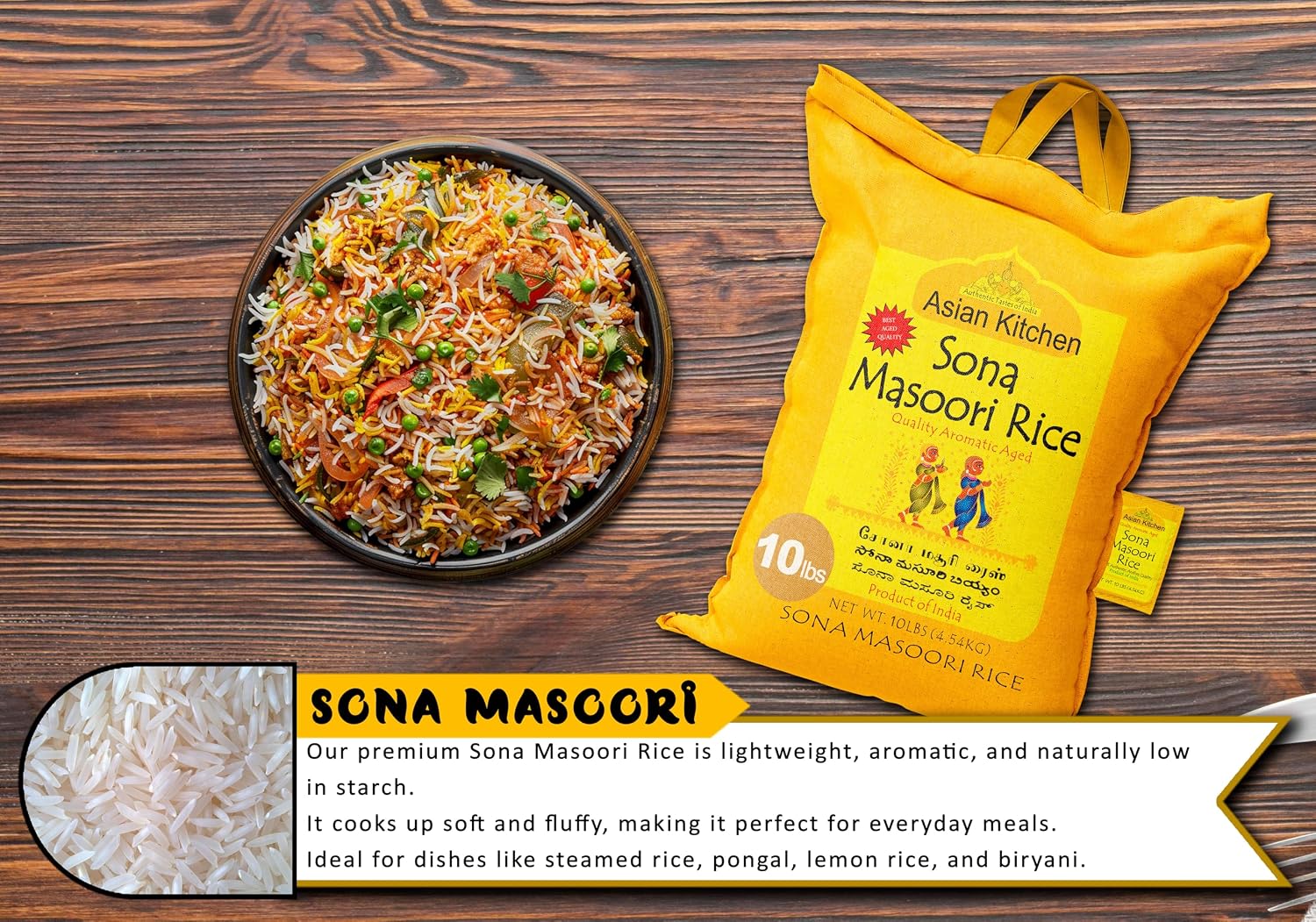 Asian Kitchen White Sona Masoori Aged Rice 20-Pound Bag, 20lbs (9.08kg) Short Grain Rice ~ All Natural | Gluten Friendly | Vegan | Kosher | Indian Origin | Export Quality