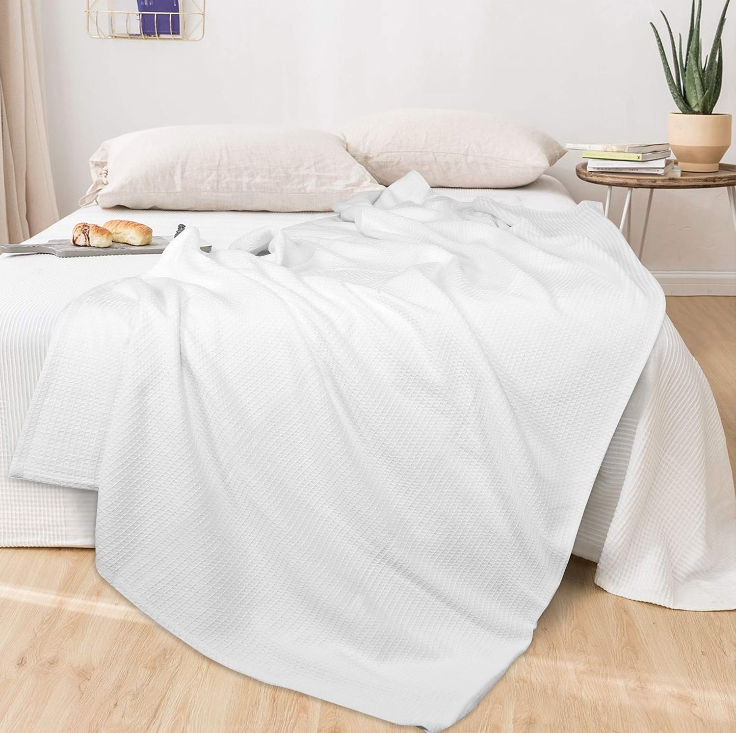 Glamburg 100% Cotton Thermal Bed Blanket, Soft Waffle, Queen Size, All Season, Navy Blue