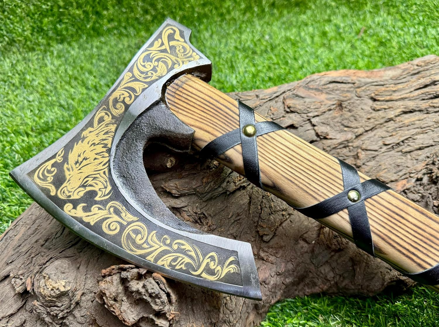 Poshland AX-7000 Custom Gift Forged Carbon Steel Viking Axe with Rose Wood Shaft, Viking Bearded Camping Axe