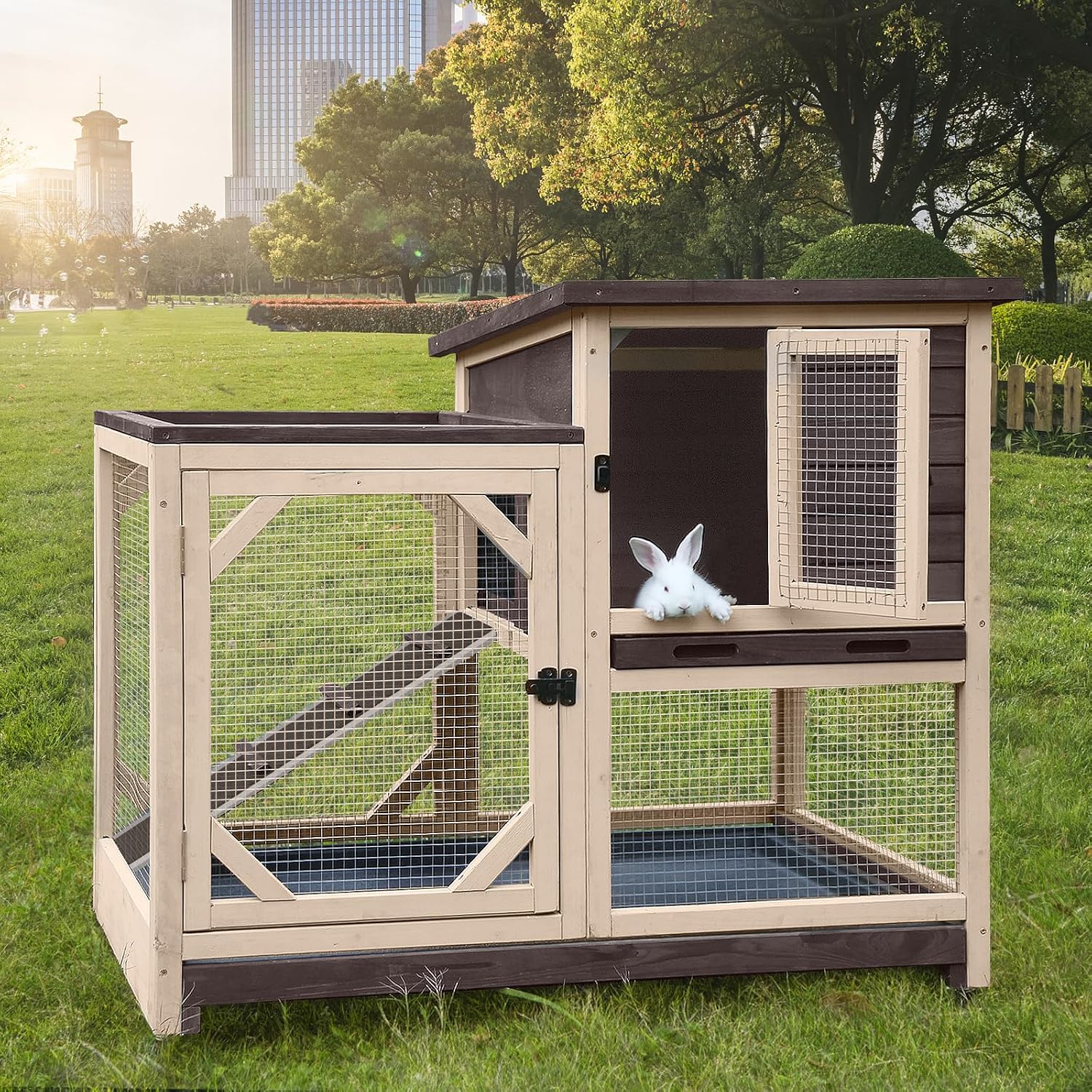 Indoor Rabbit Bunny Hutch Outdoor, Guinea Pig Cages with Removable Bottom Wire Netting - Easy Clean