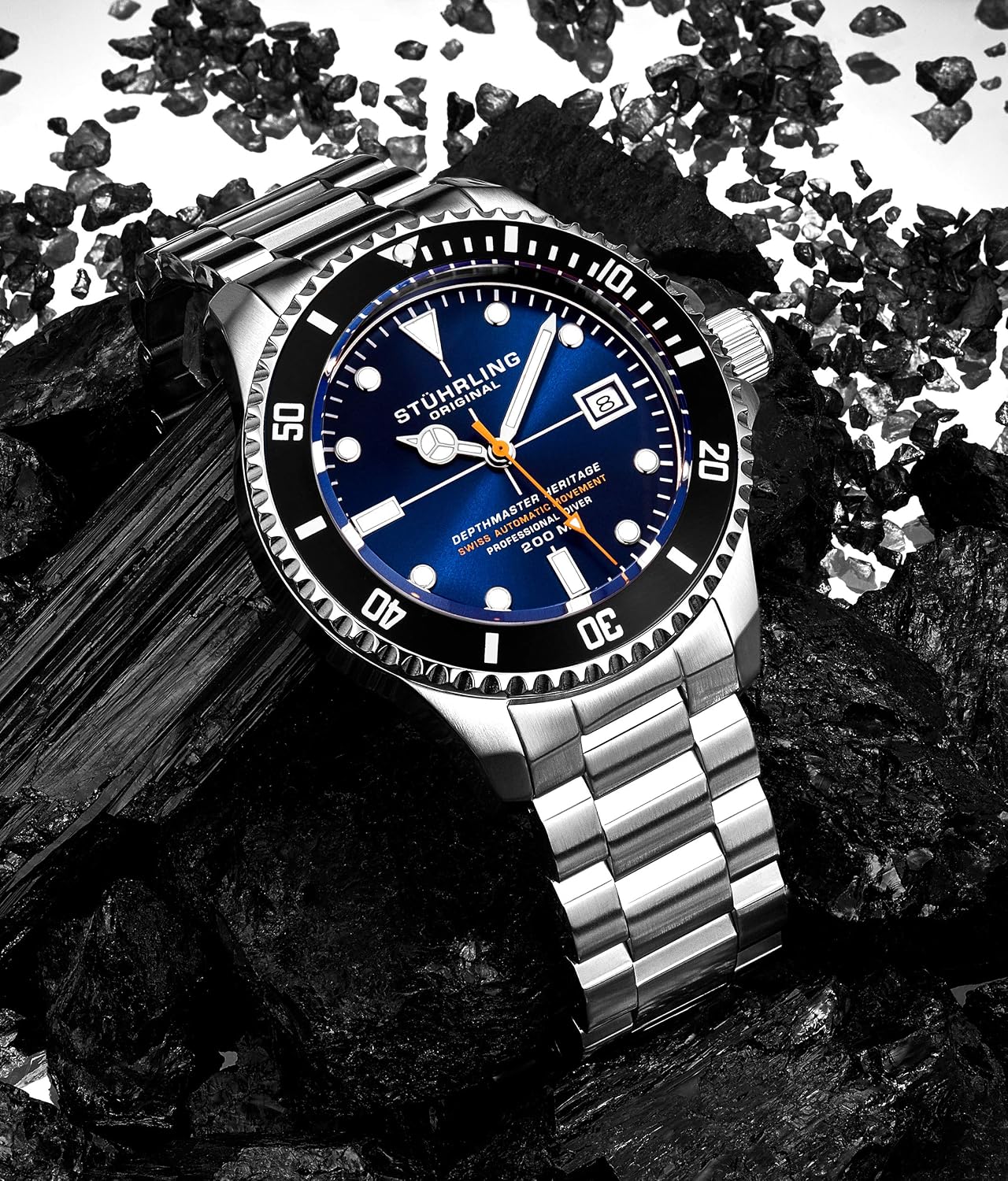 Stuhrling Original Mens Swiss Automatic Stainless Steel Professional DEPTHMASTER Dive Watch, 200 Meters Water Resistant