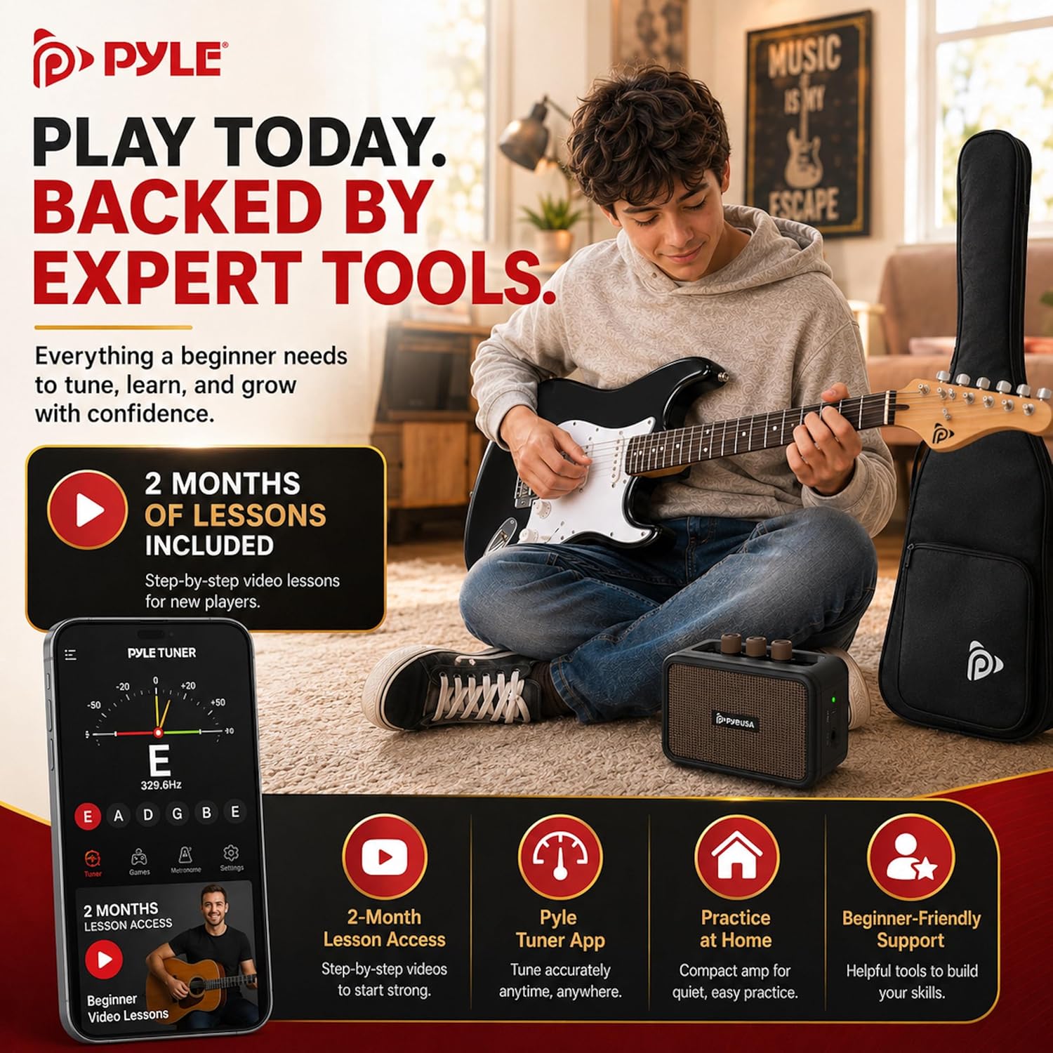 Pyle Electric Guitar and Amp Kit - Full Size 39" Complete Starter Kit with Wearable Bluetooth Amplifier, 1/4” Cable, Carry Case, Strap, Strings, Picks, Cleaning Cloth, ST-Style Pickups (Black)