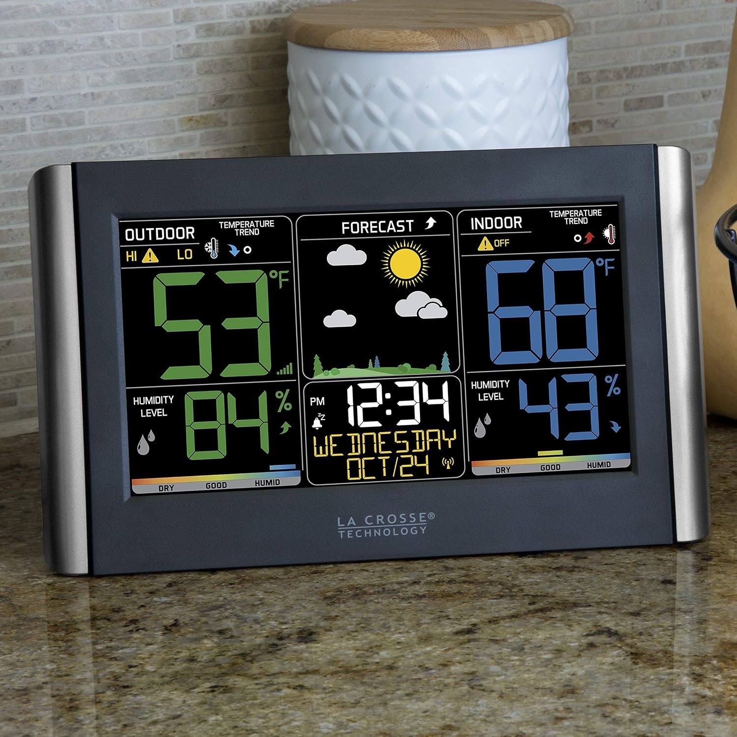 La Crosse Technology Weather Station with Customizable Alerts, Weather Forecast, Temperature, Dew Point, Humidity, Time, Heat Index, Large Display