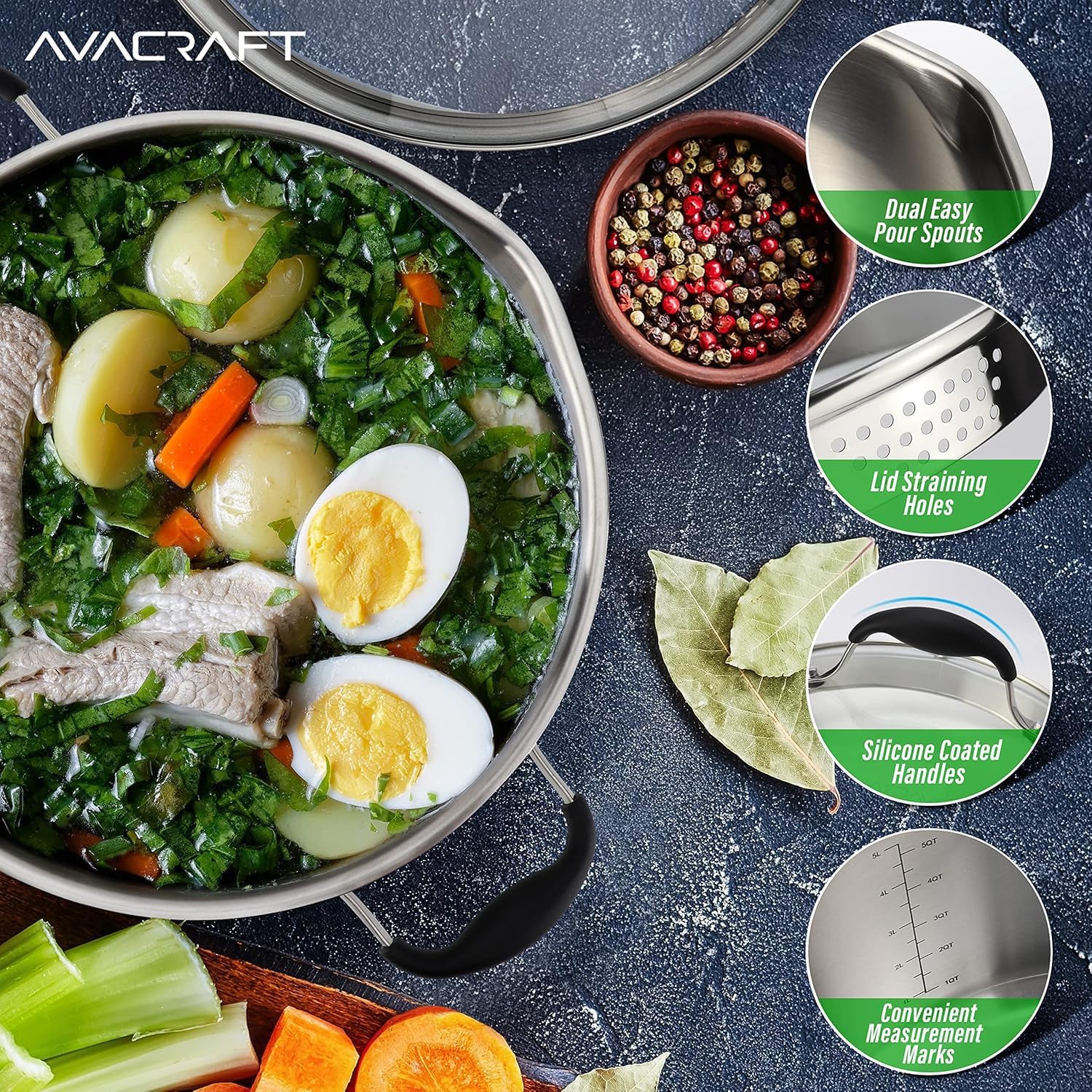 AVACRAFT 6 Quart Stainless Steel Stock Pot with Glass Strainer Lid | 5-Layer Capsule Base, Tempered Glass Strainer Lid, Drip-Free Pour Spouts, Induction Compatible, Dishwasher Safe