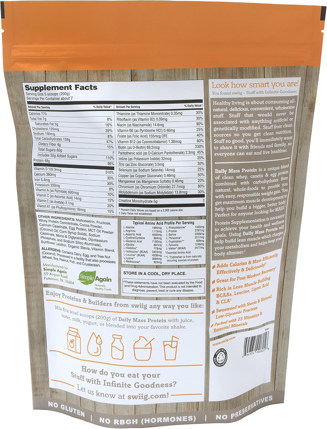 swiig Mass Builder Protein Powder, Chocolate, No GMO Ingredients, No Artificial Flavors, Colors or Sweeteners, No Fillers, 3.3 Pound Bag