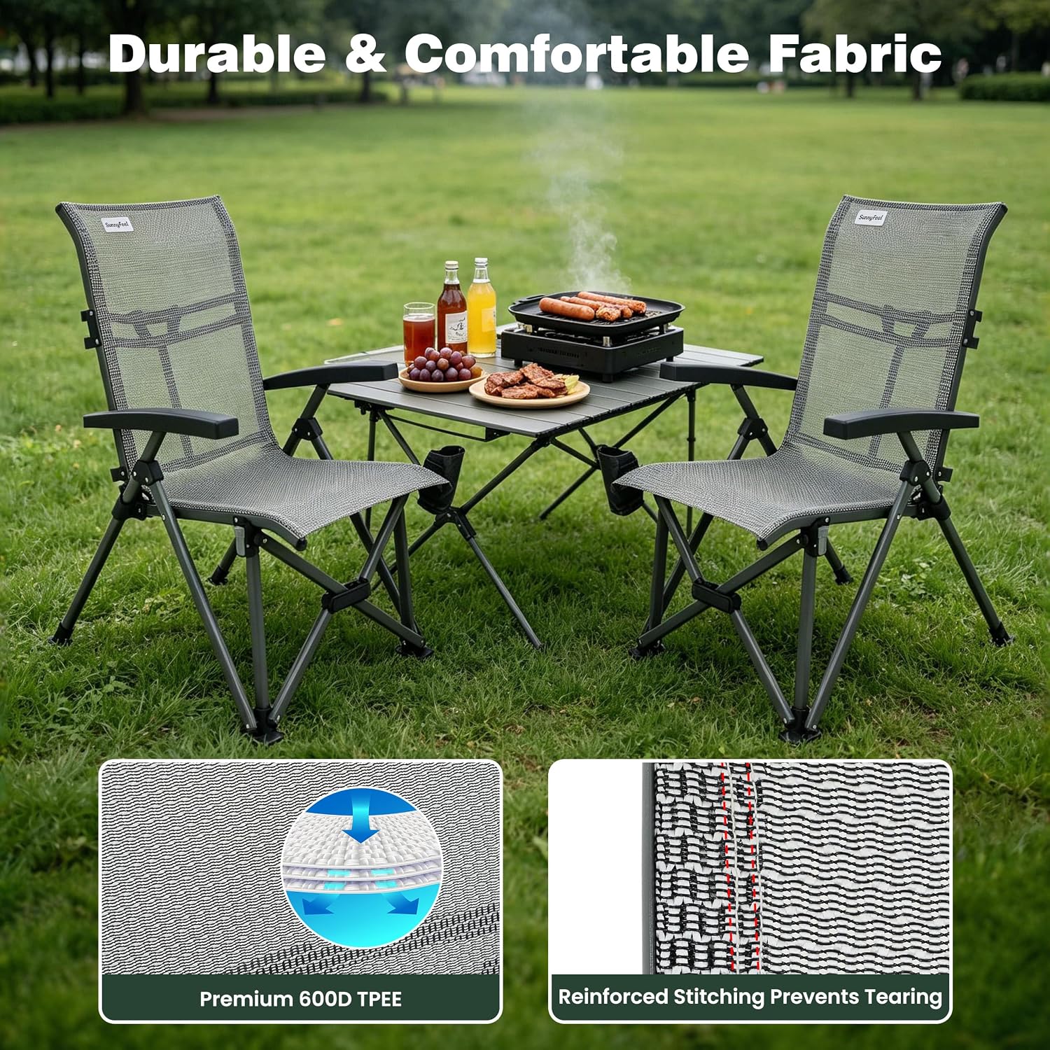 SUNNYFEEL High Back Folding Camping Chair 500 lbs with Aluminum Frame, Grey | Ergonomic Back Support, High-Resilience Fabric & Uv-Rated, Detachable Cup Holder and Carry Bag for Camping, Beach, RV, Patio