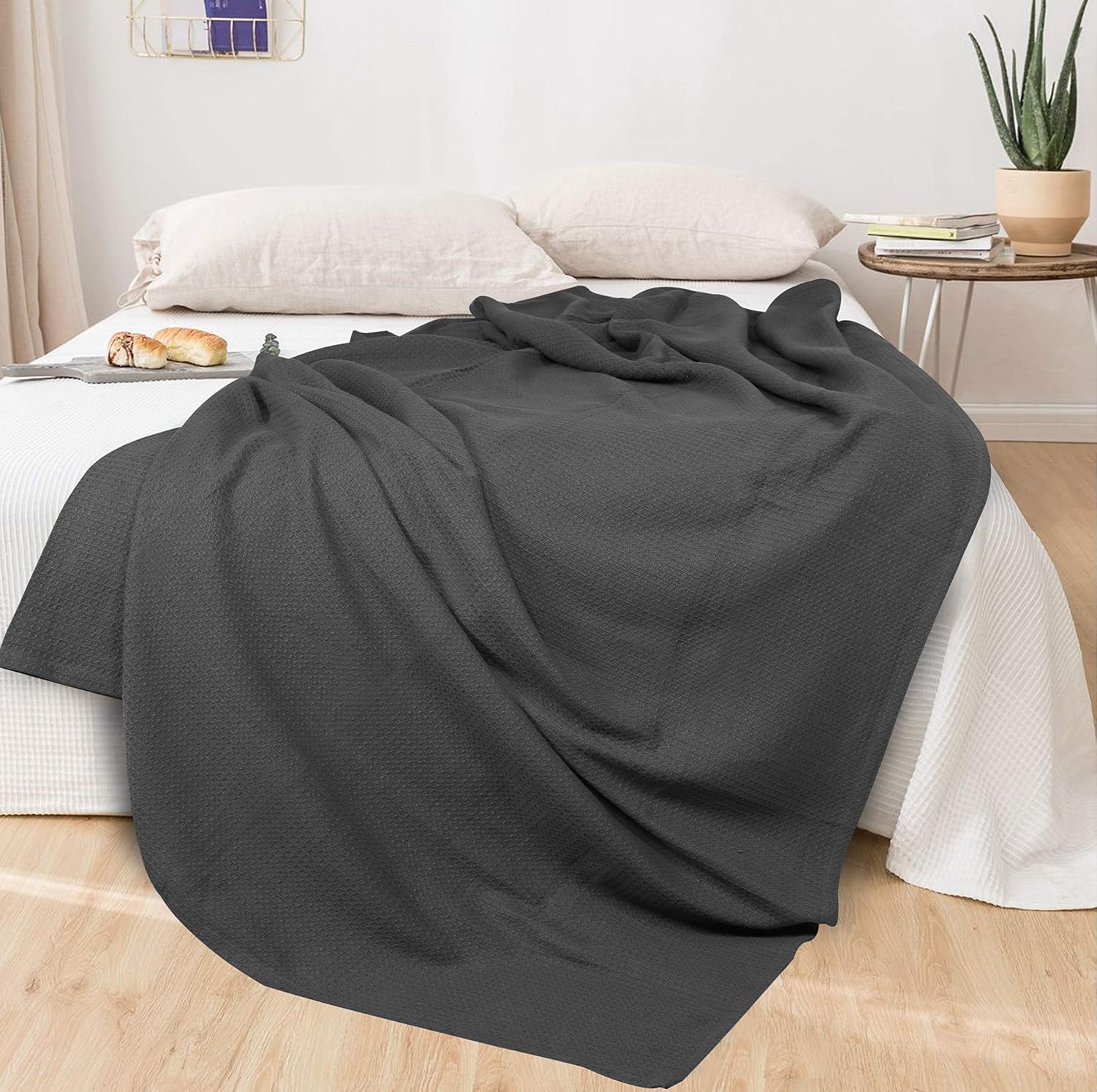 Glamburg 100% Cotton Thermal Bed Blanket, Soft Waffle, Queen Size, All Season, Navy Blue
