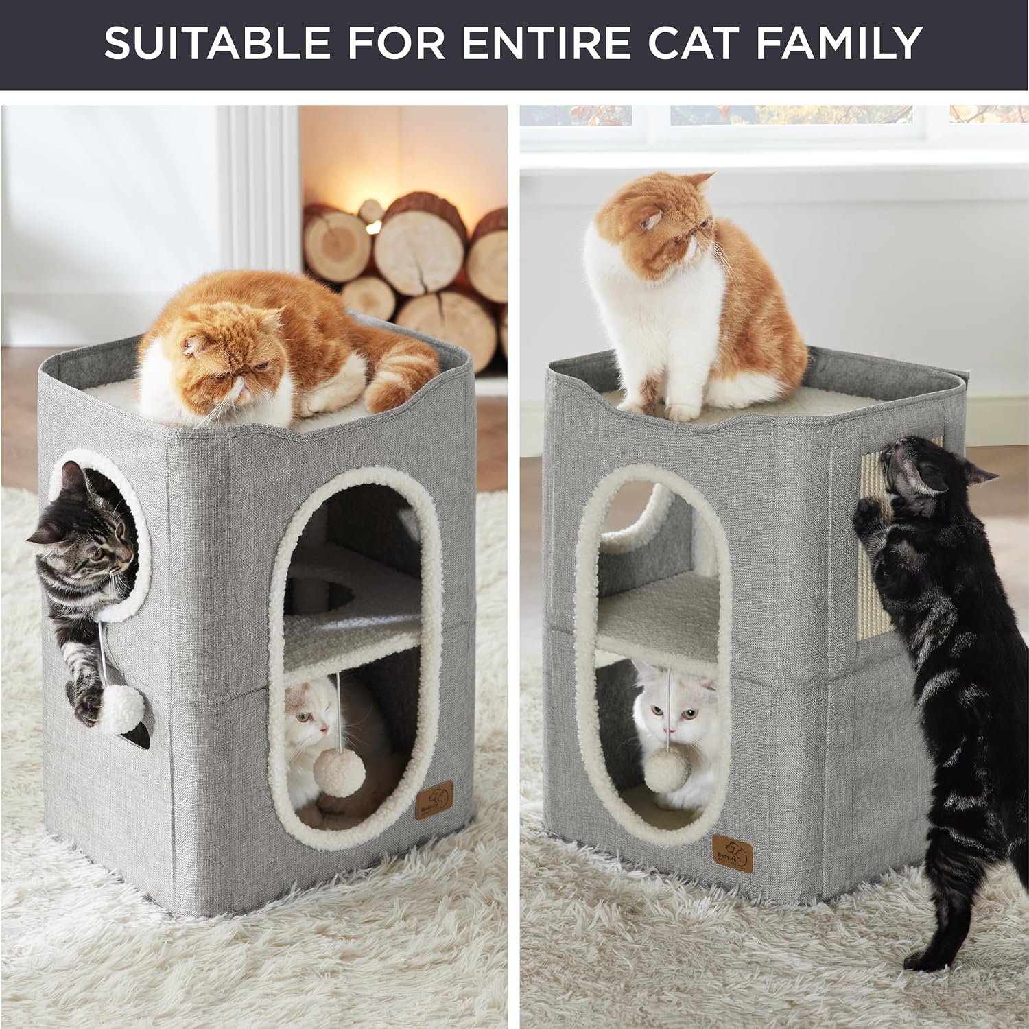 Bedsure Cat House Bed for Indoor Cats with Fluffy Ball and Scratch Pad,Grey