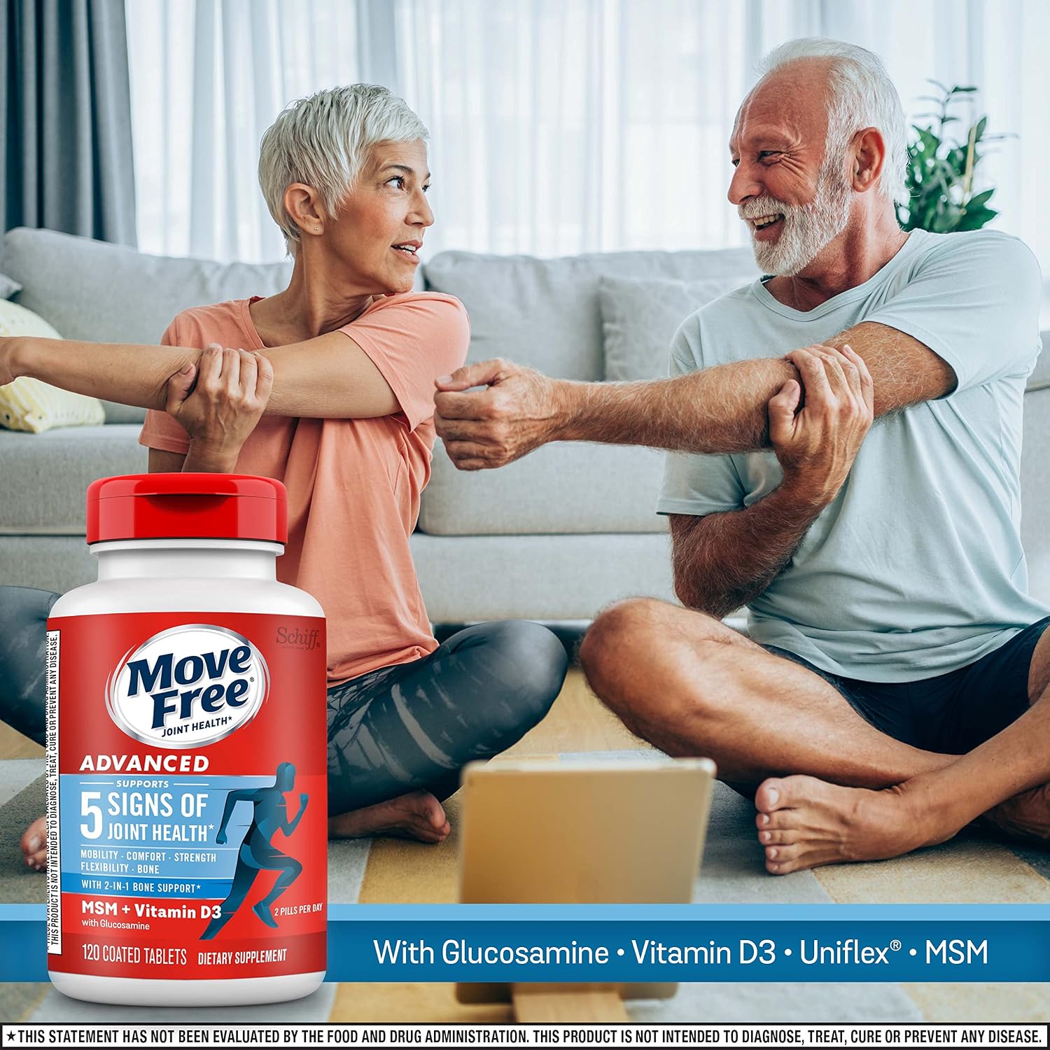 Move Free Advanced Glucosamine Chondroitin MSM + Vitamin D3-120 ct | Joint Support Supplement, Supports Mobility Comfort Strength Flexibility & Bone + Immune Health, 120 tablets (40 Servings)