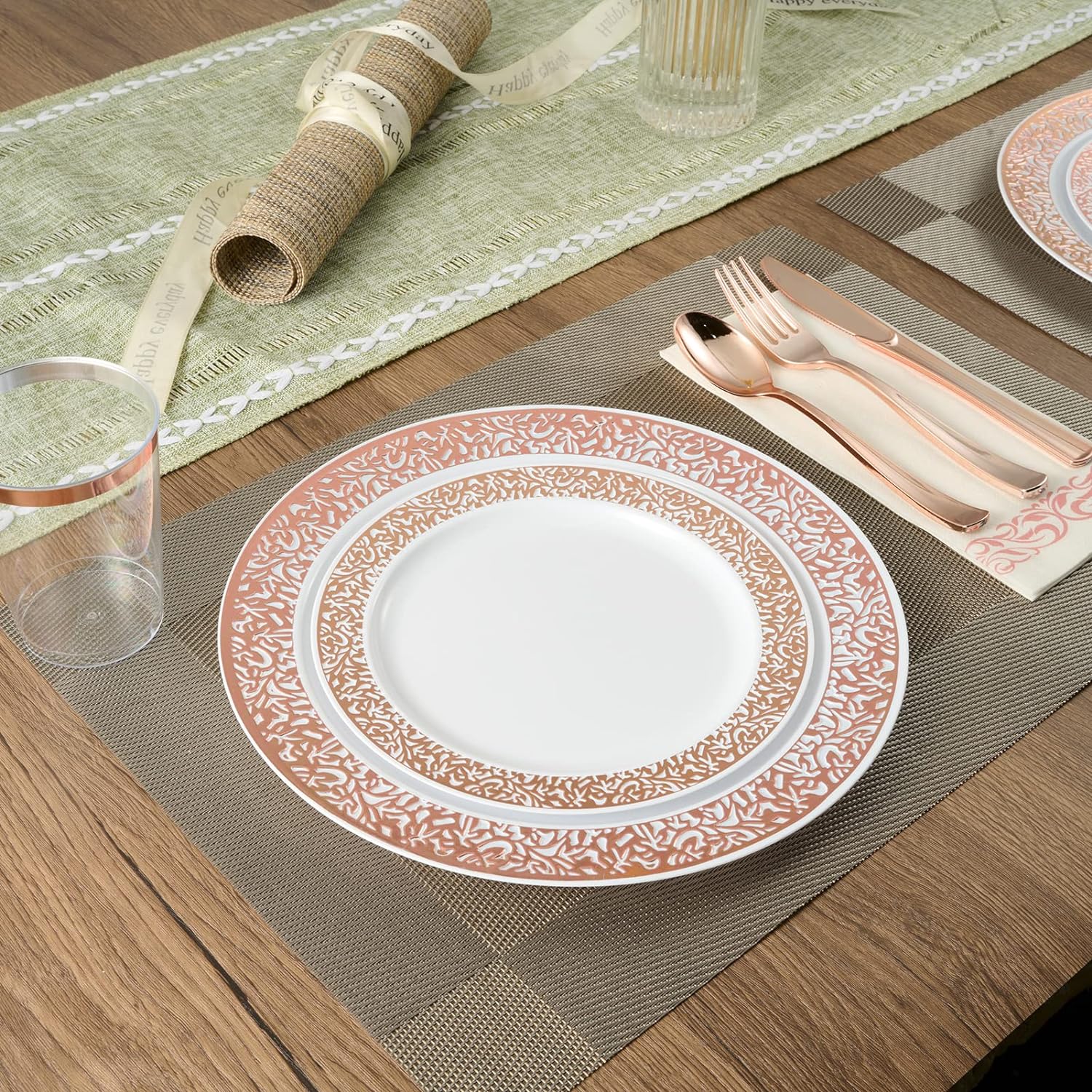 FOCUSLINE 175 Pieces Rose Gold Disposable Dinnerware Set for 25 Guests