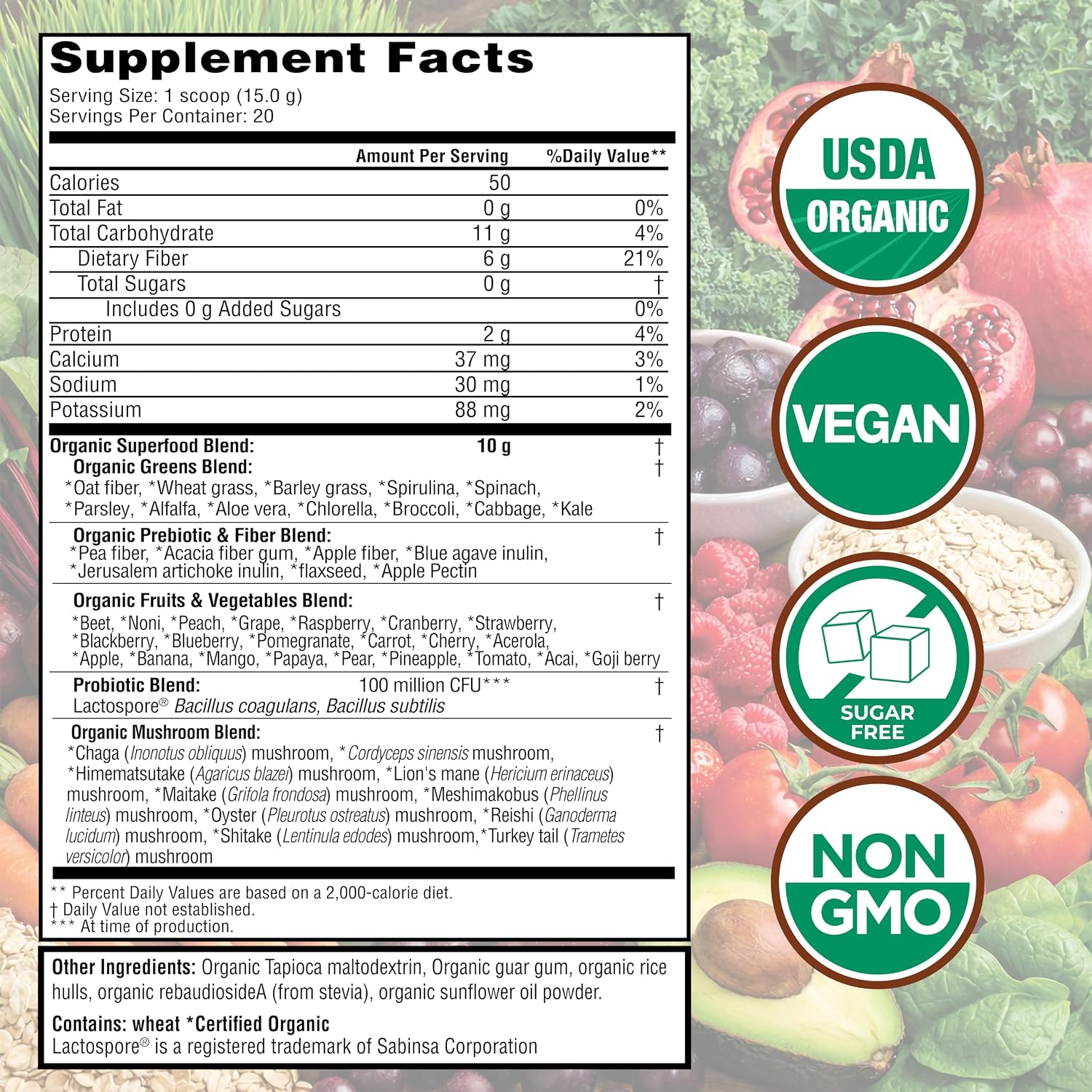 Country Farms Organic Super Greens Powder, Daily Greens Drink Mix with 50 Organic Superfoods, Fruits, Vegetables, Fiber, Mushrooms & Probiotics for Gut Health, Digestion & Energy, Berry Flavor
