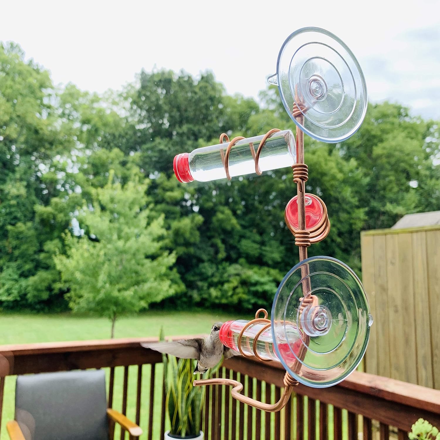 Window Hummingbird Feeder | Handcrafted Copper and Aluminum | Multiple Stations | Modern Hummingbird Feeder | Glass Bottles | Suction Cups (Copper, Four Station)