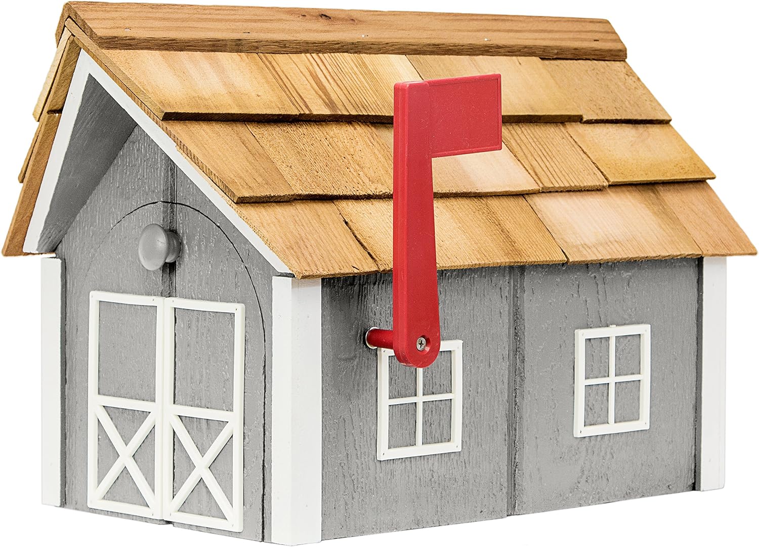 Amish-Made Deluxe Post Mount Wooden Mailbox with Cedar Shingles (Chestnut with White Trim)