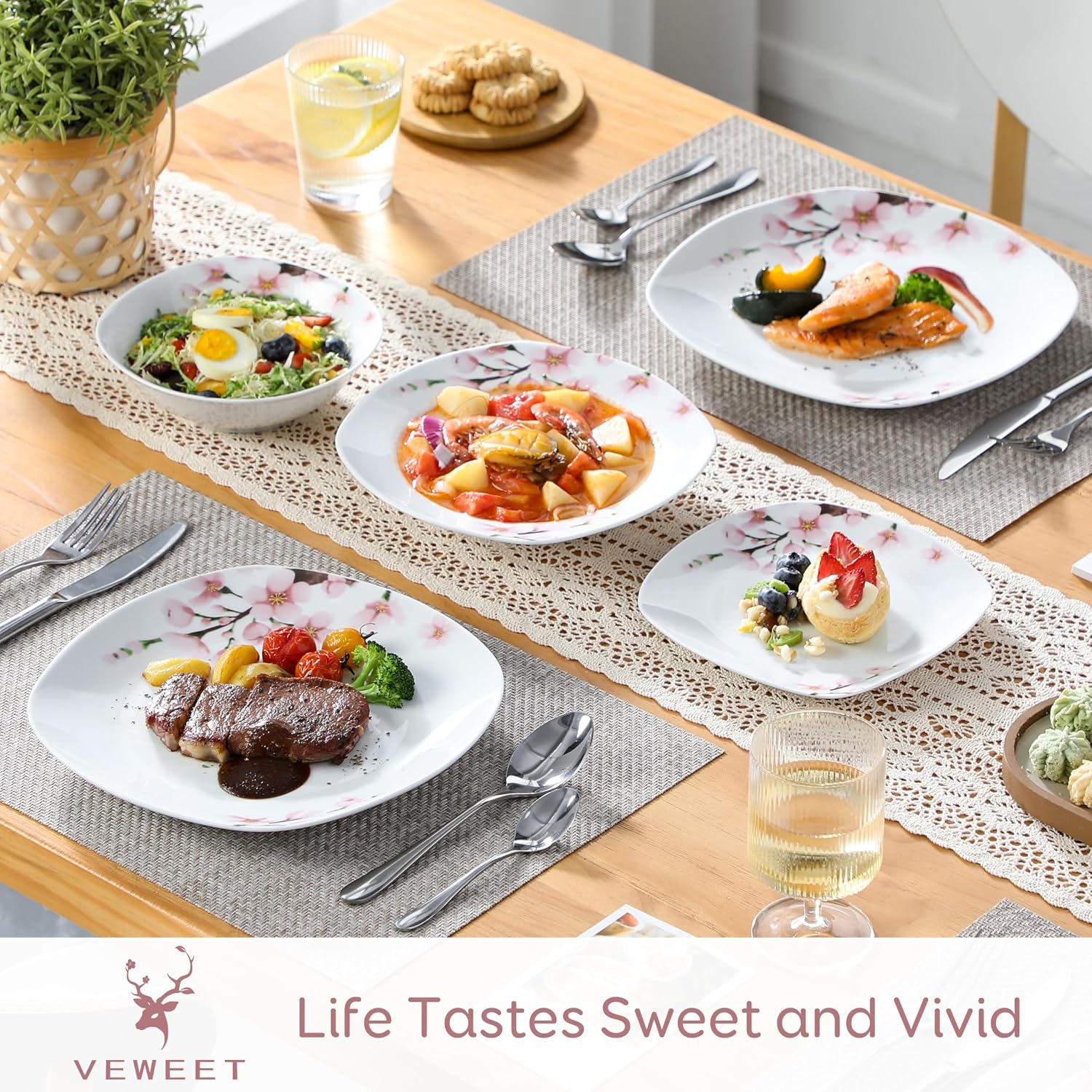 VEWEET 30 PCS Ceramic Dinnerware Sets for 6, Pink Floral Dish Set, ANNIE | Porcelain Dinner Set Including Dessert Plates, Soup Plates, Dinner Plates, Cups & Saucers, Microwave & Dishwasher Safe