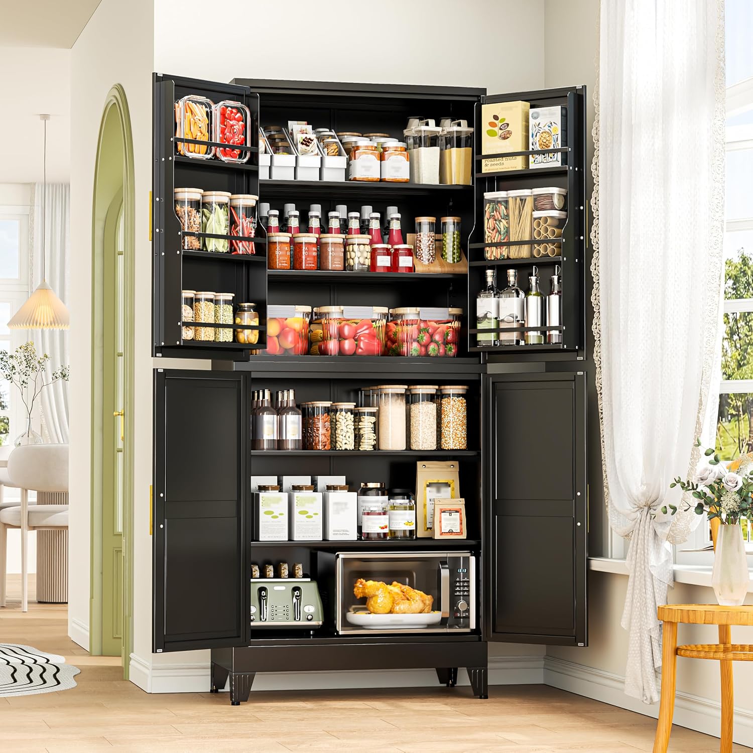 GAIOUS 75.2" Tall Metal Kitchen Pantry Storage Cabinets with 2 Door and 5 Adjustable Shelves, Cupboard for Kitchen, Dining Room, Living Room and Bathroom, White