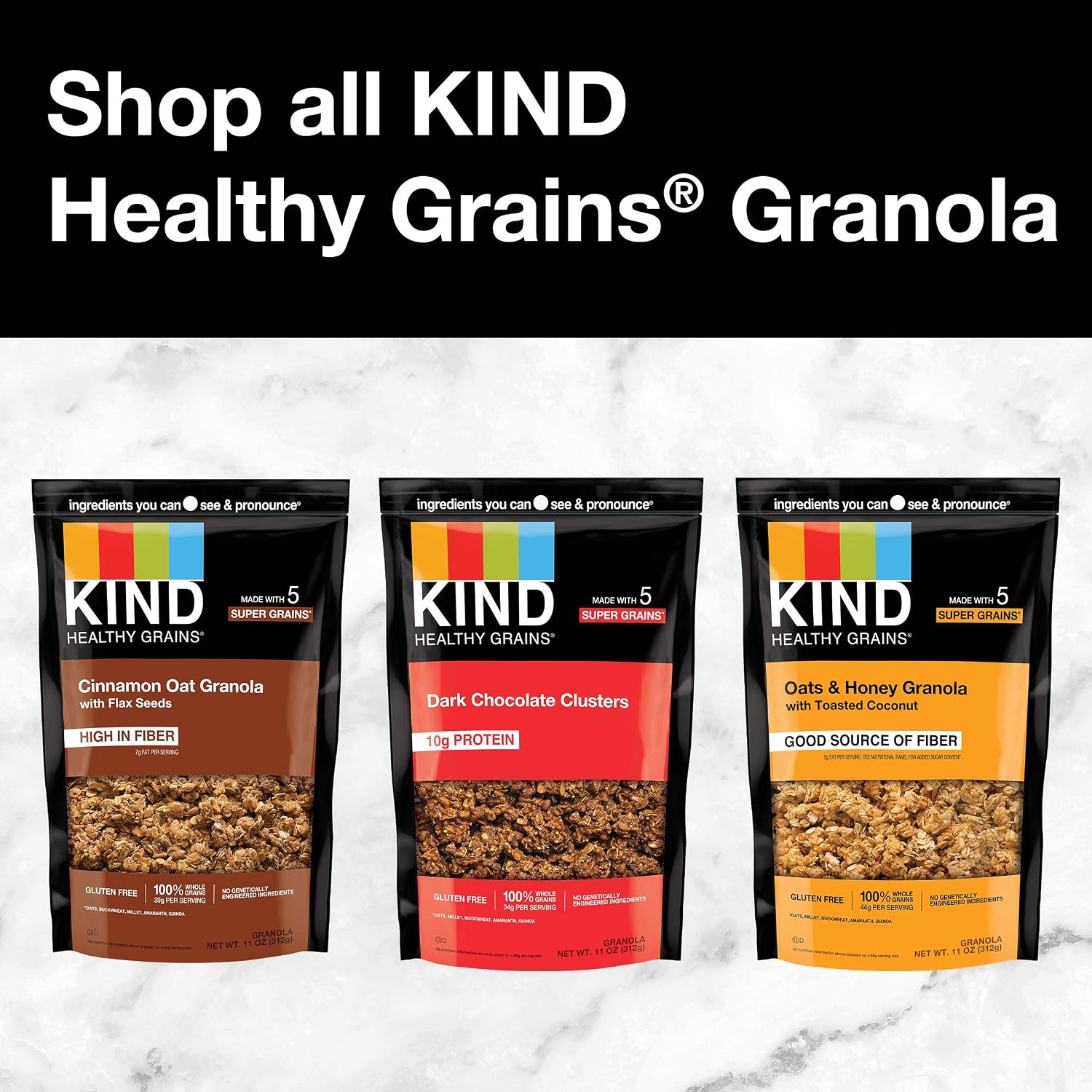 Kind Healthy Grains Granola, Dark Chocolate Clusters, Gluten Free, Healthy Snack Mix, 10g Protein, 11oz, 3 Count
