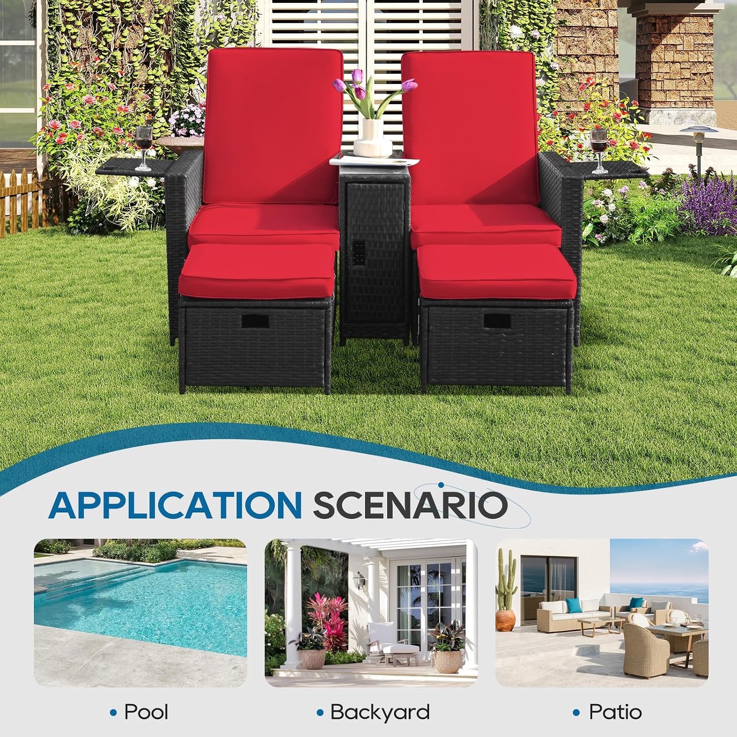 5PCS Outdoor Wicker Chaise Lounge Chair - Rattan Adjustable Reclining Patio Lounge Chair with Ottoman and Coffee Table