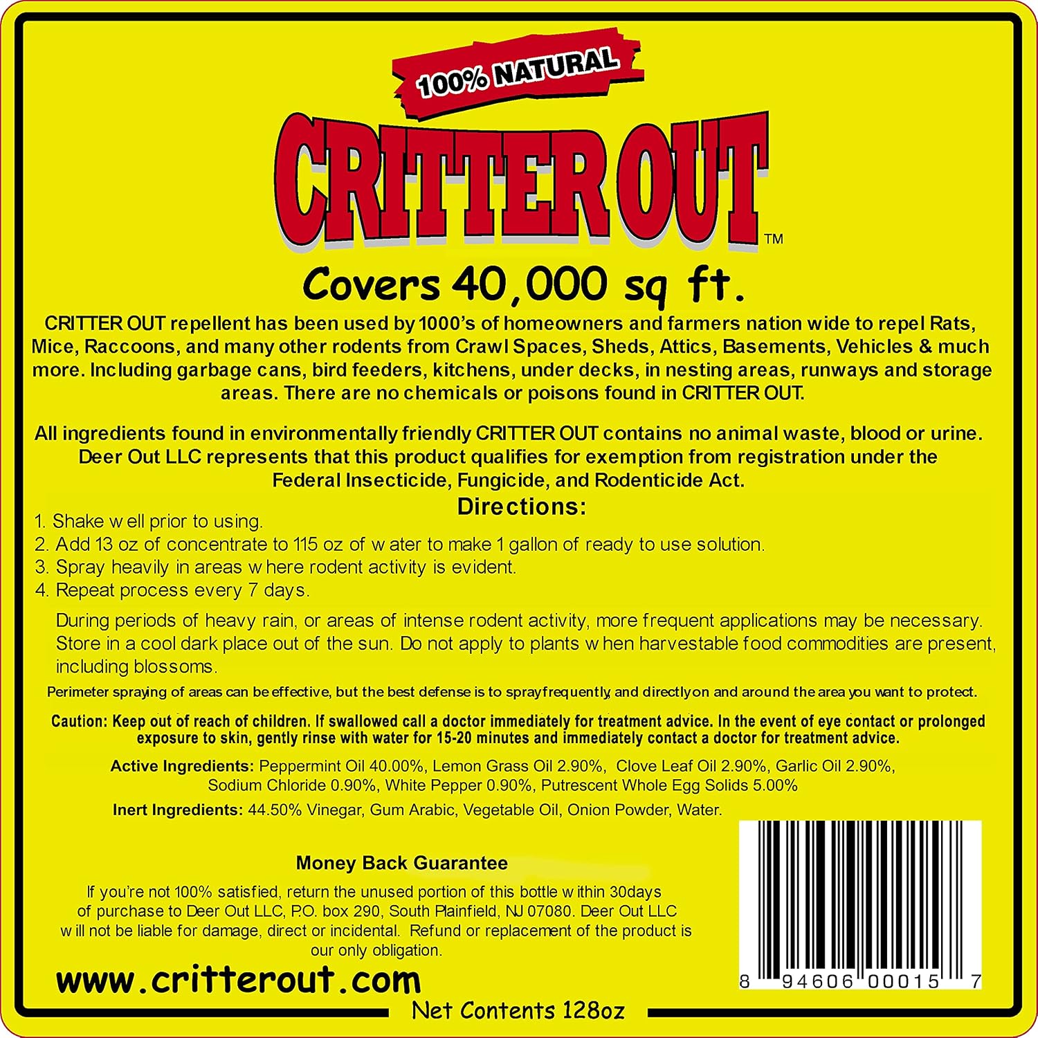 Mouse & Rat Repellent: Rodent Repellent: Critter Out 1 Gallon Ready to Use | Mouse & Rat repellent, Peppermint Oil Repellent, Get Rid of Rats, Prevent Nesting, Stops Chewing, Protect Engine Wiring